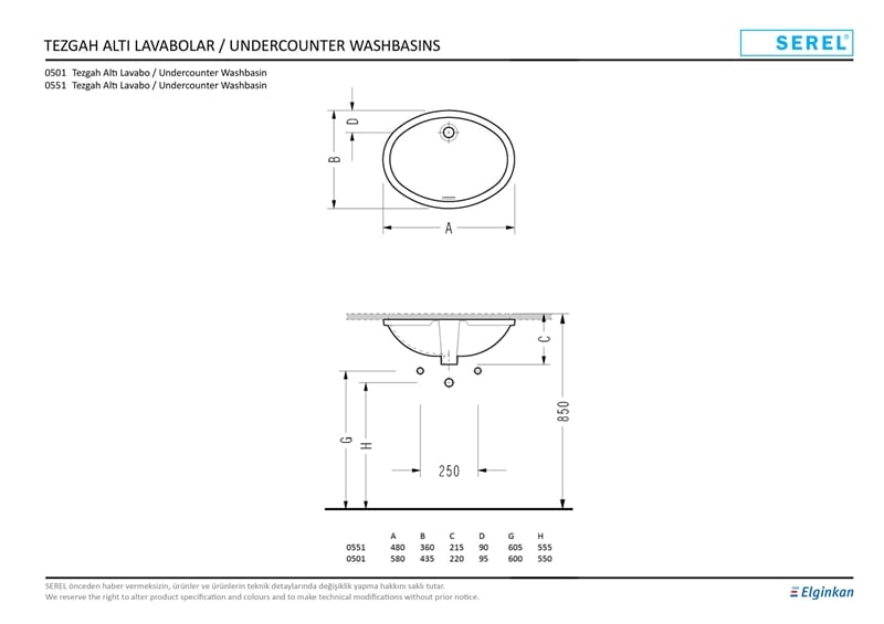 SEREL TEZGAH ALTI OVAL LAVABO 43,5x58 cm