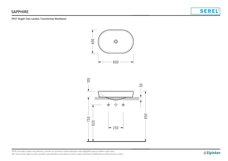 SEREL SAPPHIRE TEZGAH ÜSTÜ LAVABO 40x60 cm SLİM KENARLI