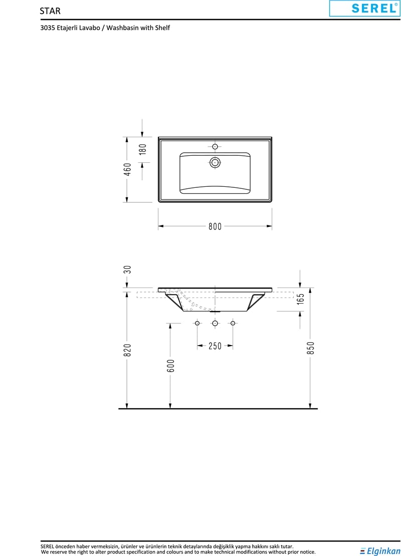 SEREL STAR TEZGAH ETAJERLİ LAVABO 46X80 cm