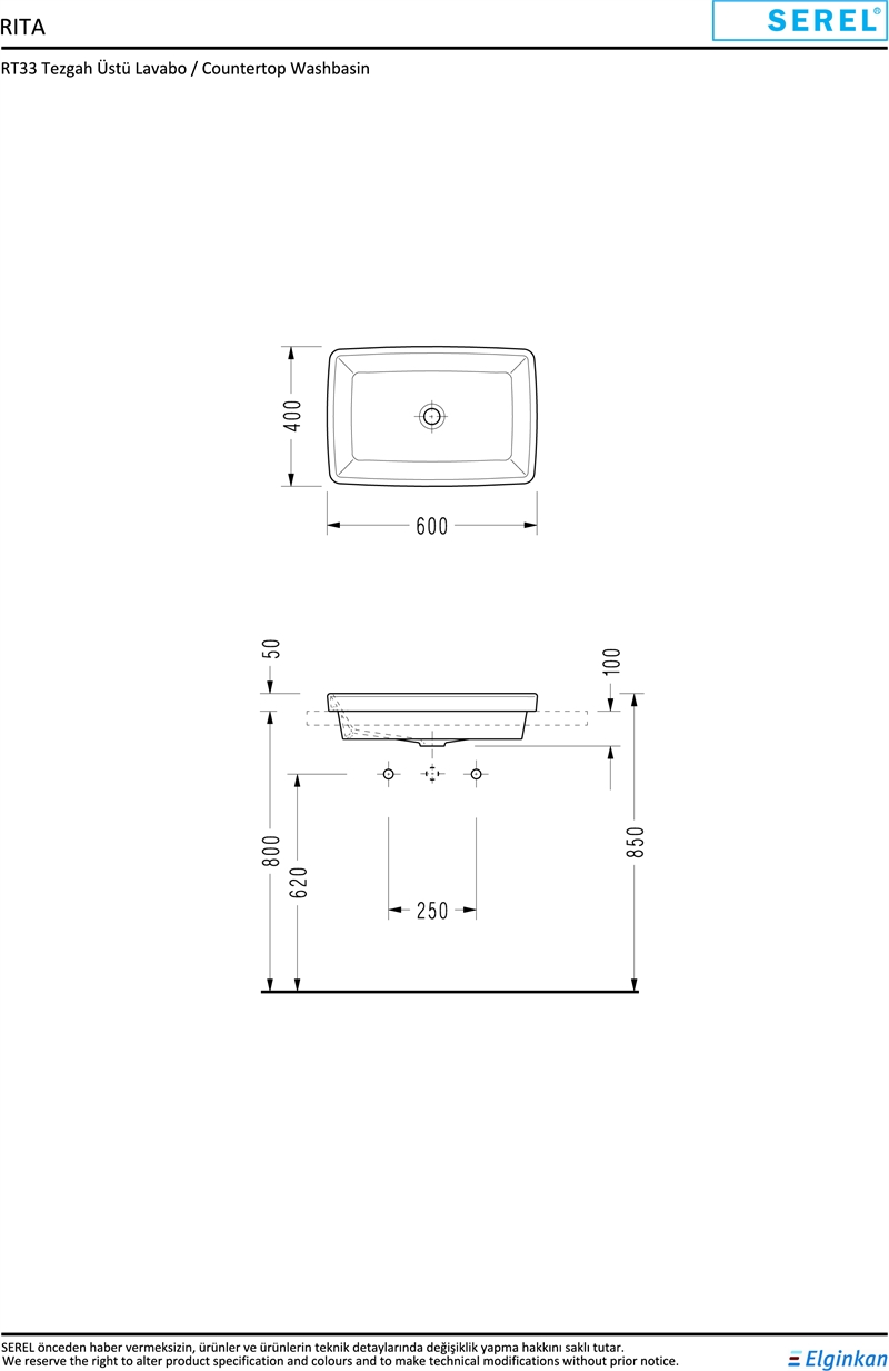 SEREL RİTA TEZGAH ÜSTÜ GÖMME LAVABO 40x60 cm SLİM KENARLI