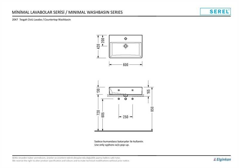 SEREL MİNİMAL DİKDÖRTGEN LAVABO 42x60 cm