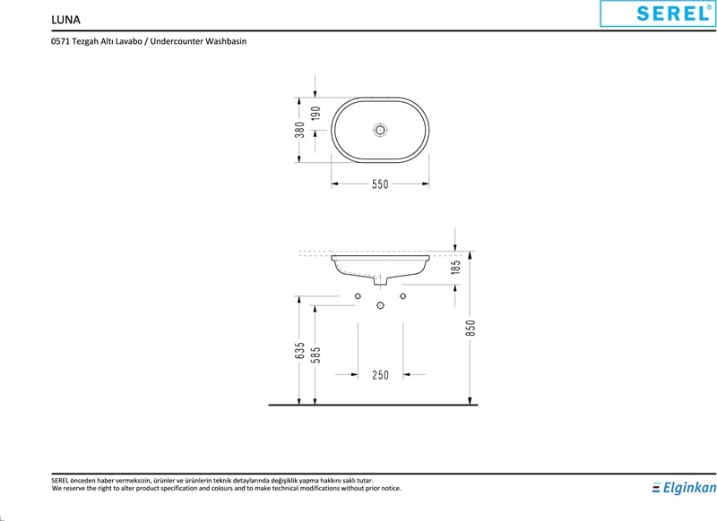 SEREL LUNA TEZGAH ALTI OVAL LAVABO 38x55 cm