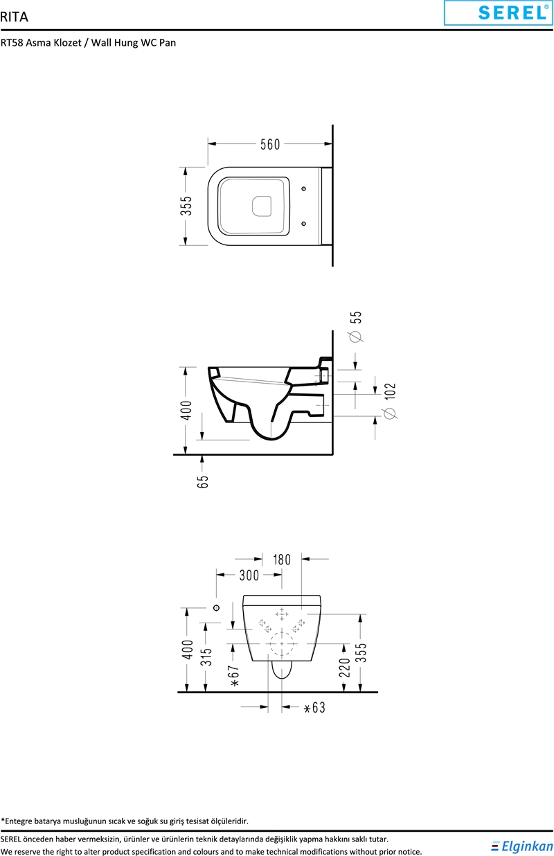 SEREL RITA ENTEGRE ASMA KLOZET 56 cm Entegre Klozet Bataryalı