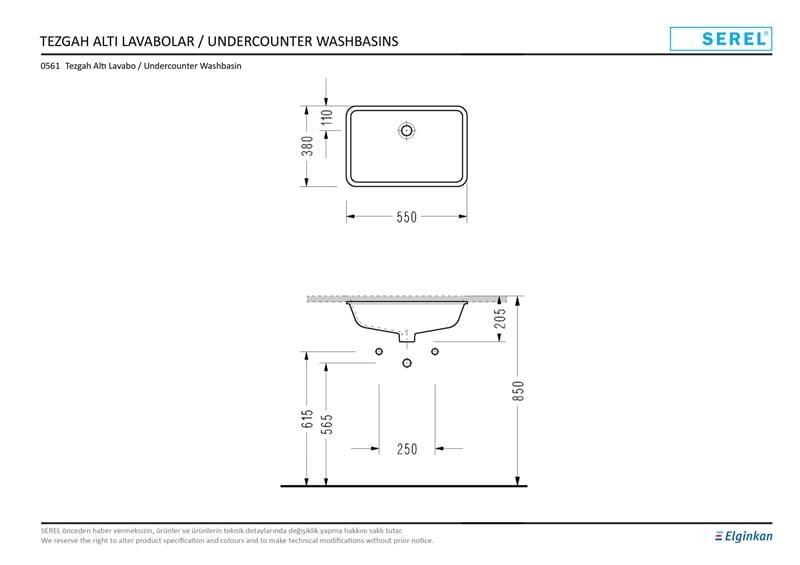 SEREL STAR TEZGAH ALTI DİKDÖRTGEN LAVABO 38x55 cm