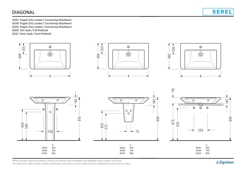 SEREL DIAGONAL LAVABO 48x65 cm ve TAM AYAK