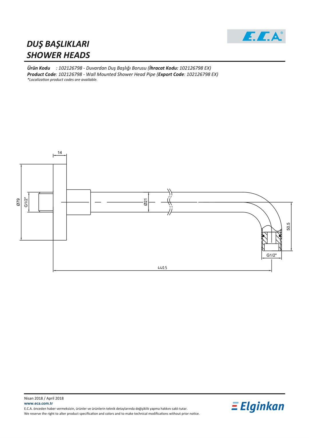 ECA 44 CM DUŞ BAŞLIGI BORUSU DUVARDAN