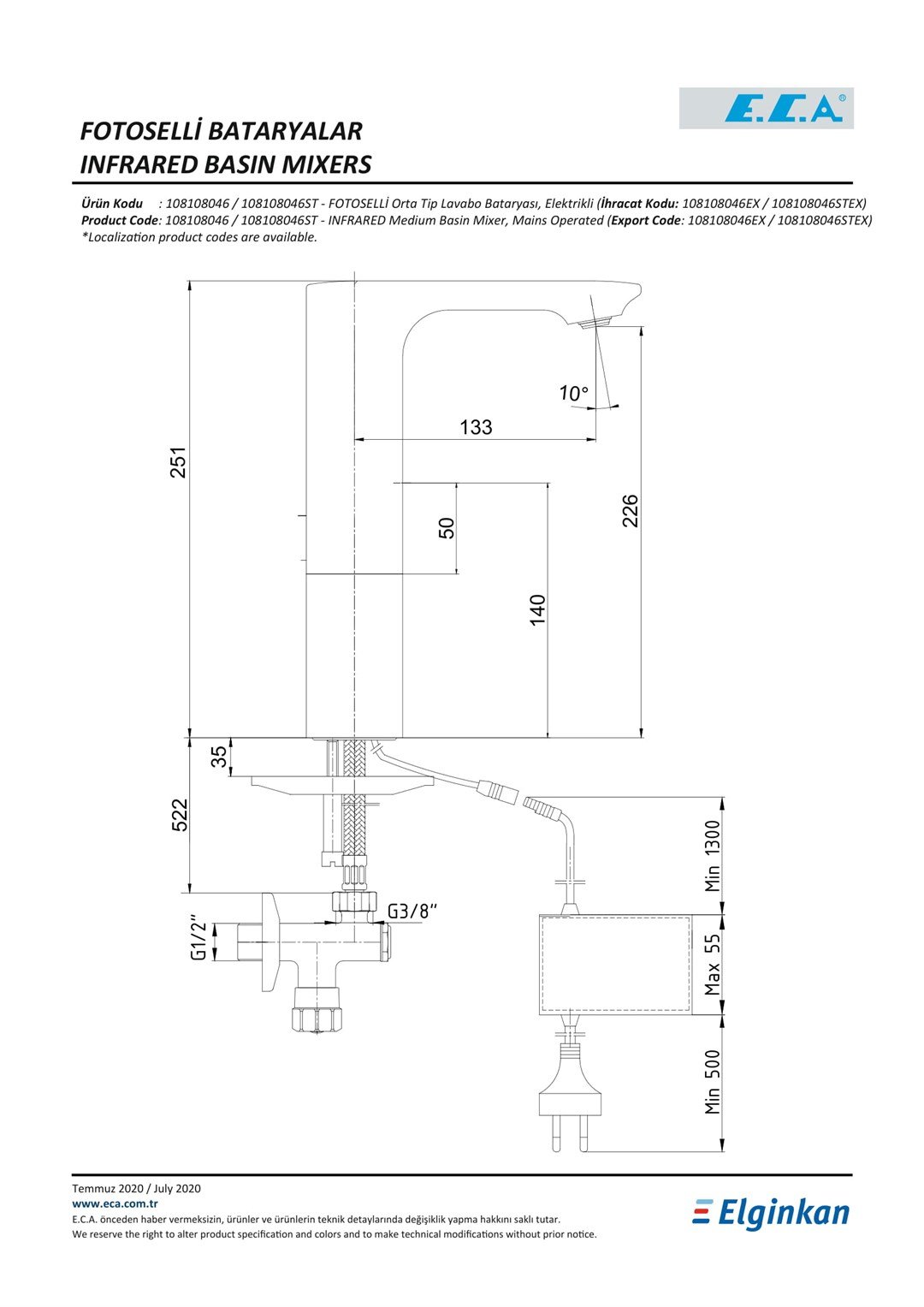 ECA COMPACT ELEKTRİKLİ ORTA BOY FOTOSELLİ LAVABO BATARYASI
