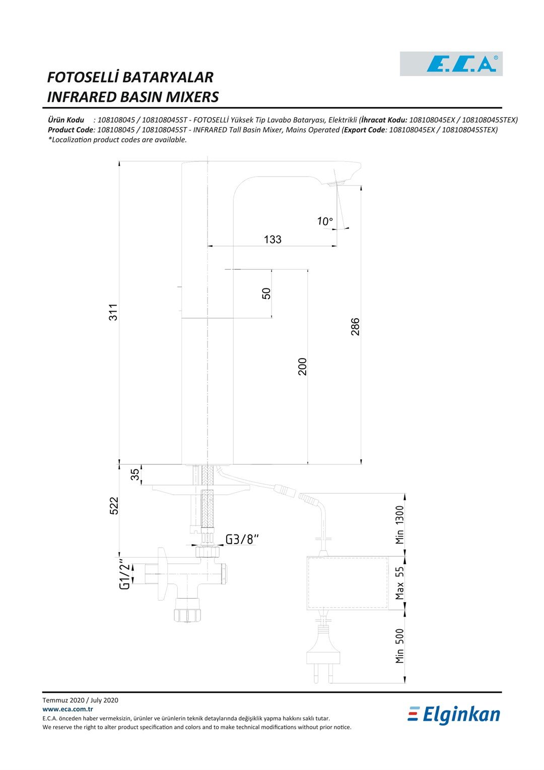 ECA COMPACT FOTOSELLİ ELEKTRİKLİ YÜKSEK TİP LAVABO BATARYASI