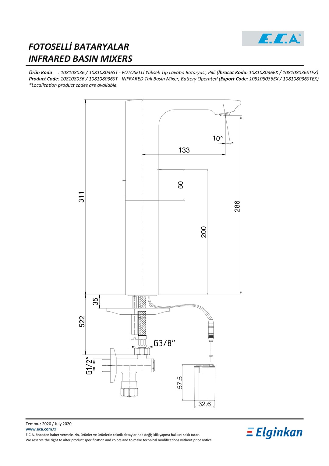 ECA COMPACT PİLLİ YÜKSEK TİP FOTOSELLİ LAVABO BATARYASI