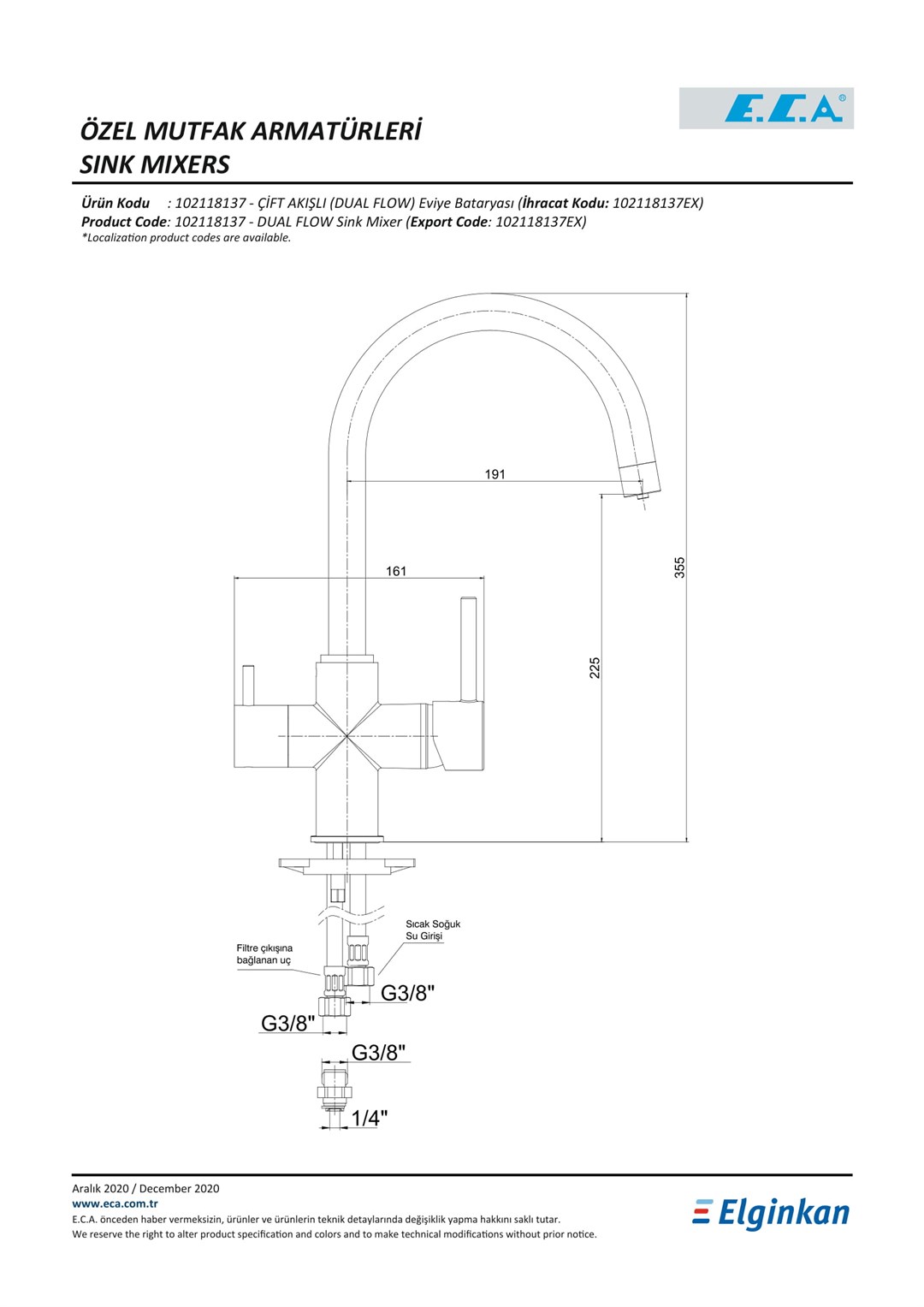 ECA SU ARITMA CİHAZI BAĞLANTILI EVİYE BATARYASI (DUAL FLOW)