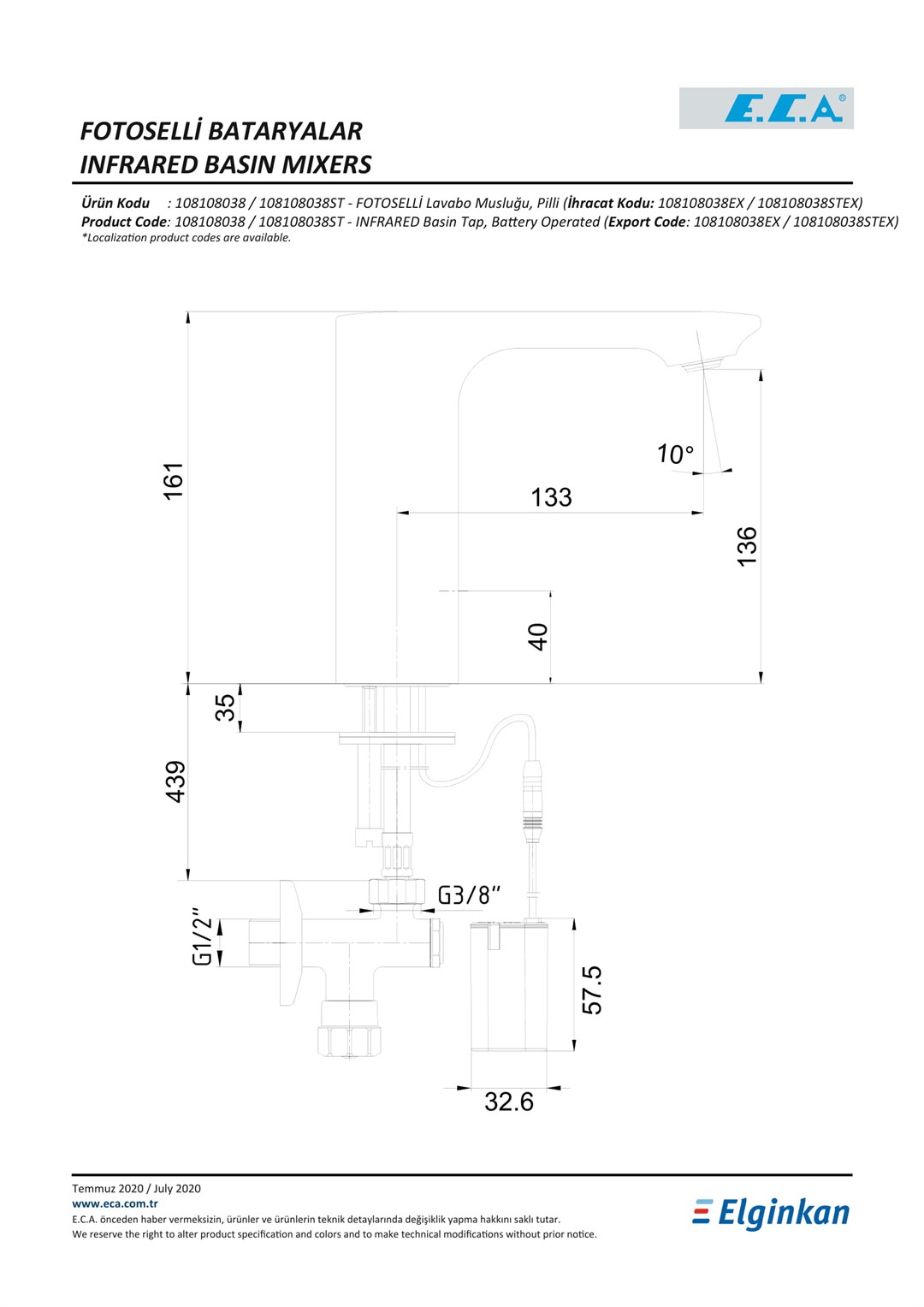ECA TEK SU GİRİŞLİ PİLLİ COMPACT FOTOSELLİ LAVABO MUSLUGU