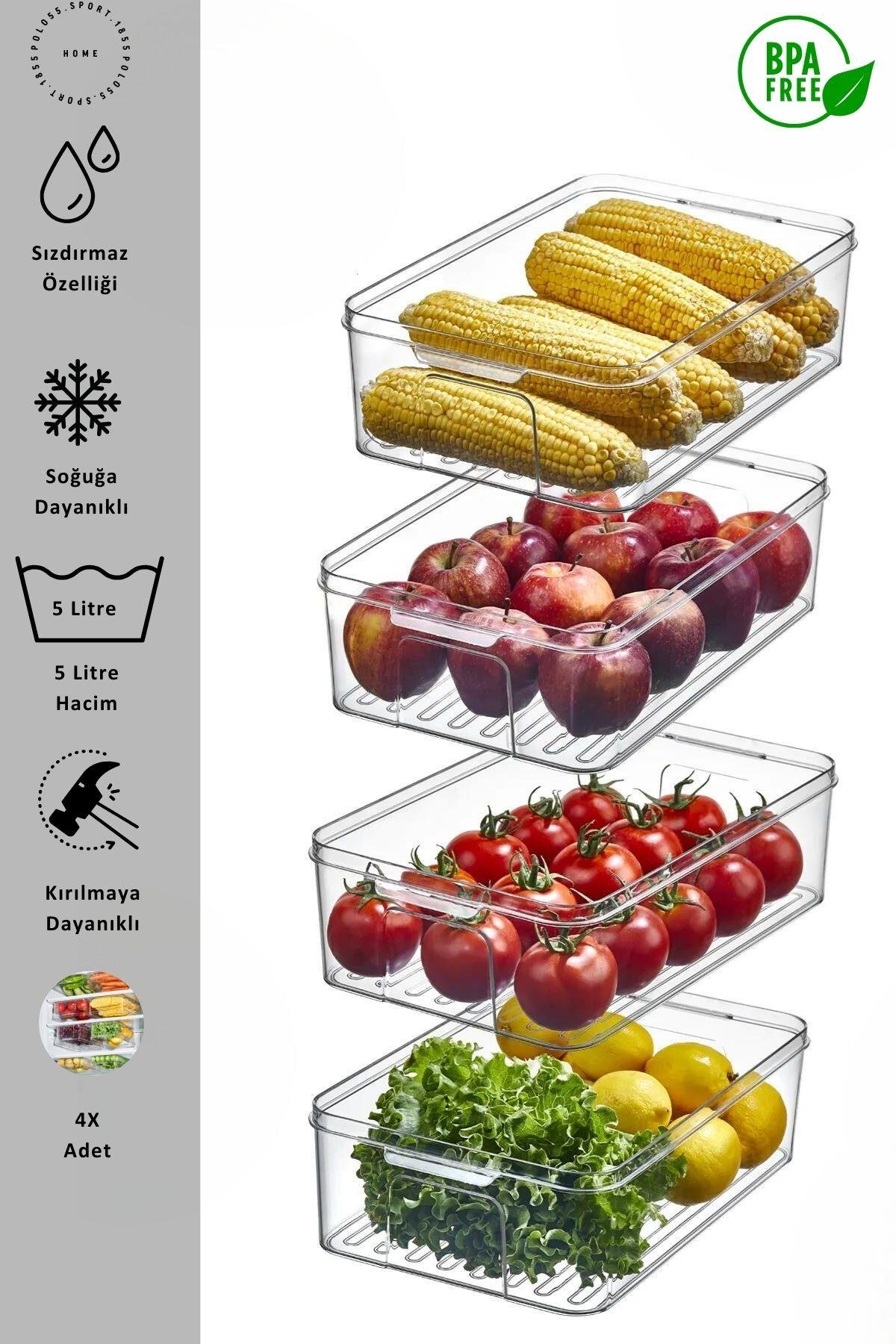 4'lü 5 Litre Sızdırmaz Buzdolabı Saklama Kabı Seti