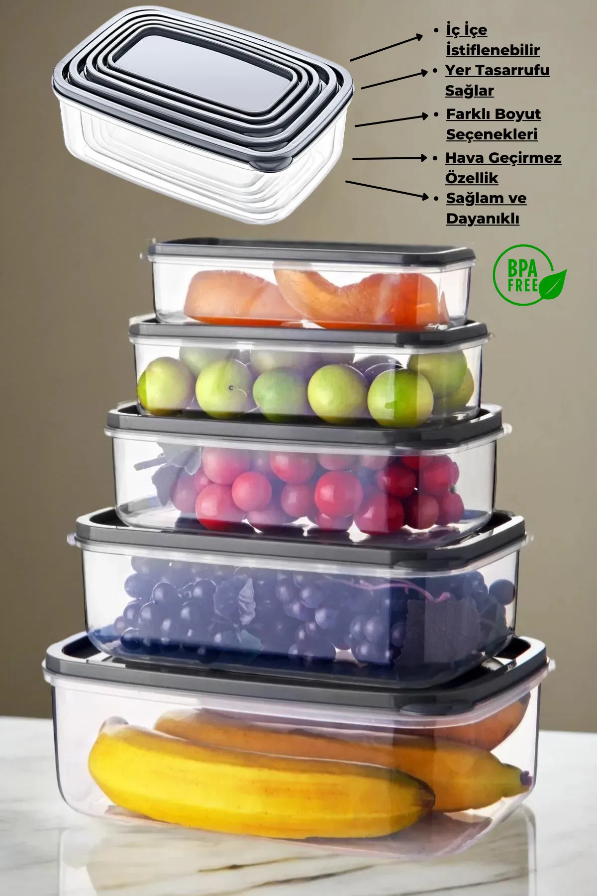 5'li Dikdörtgen Şeffaf Saklama Kabı Seti