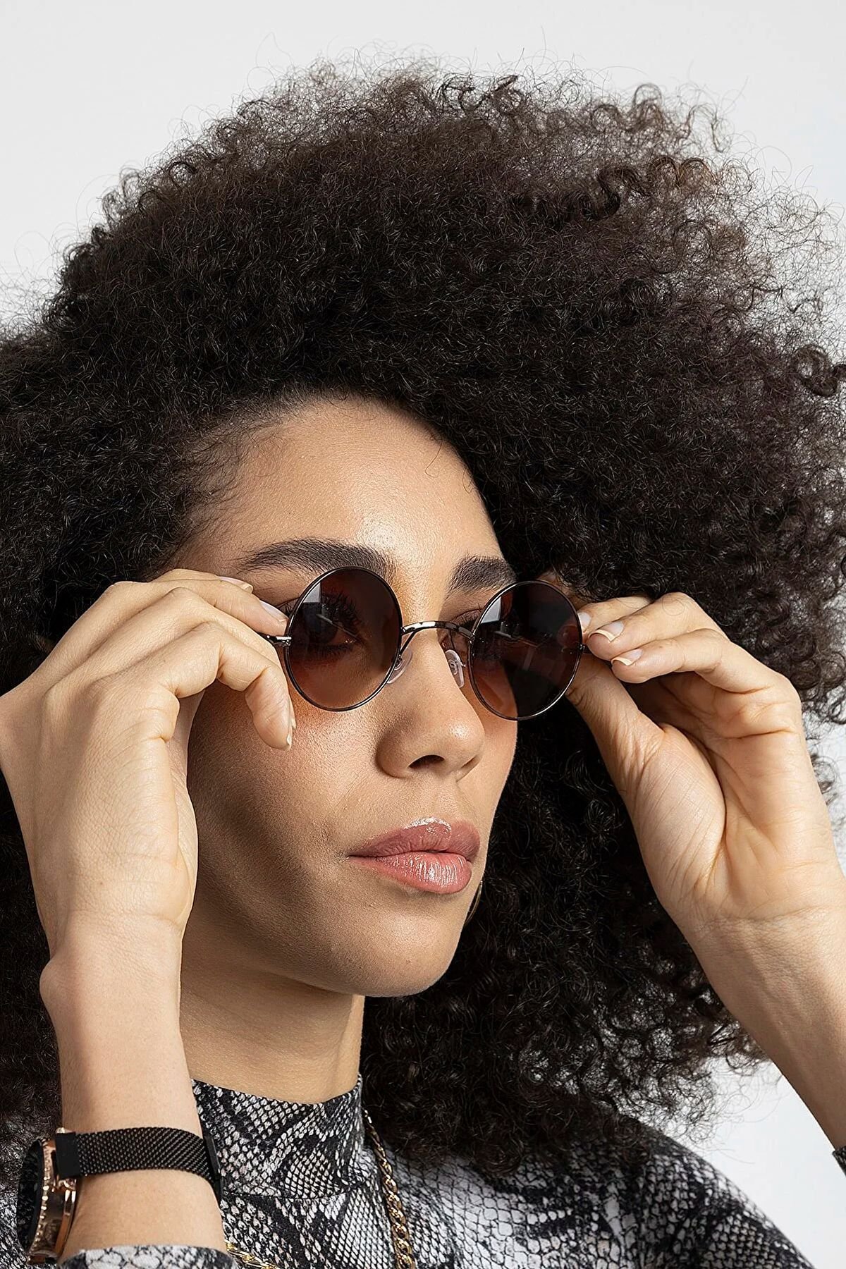 Bridge Yuvarlak Kahverengi Metal Çerçeve Kadın Güneş Gözlüğü