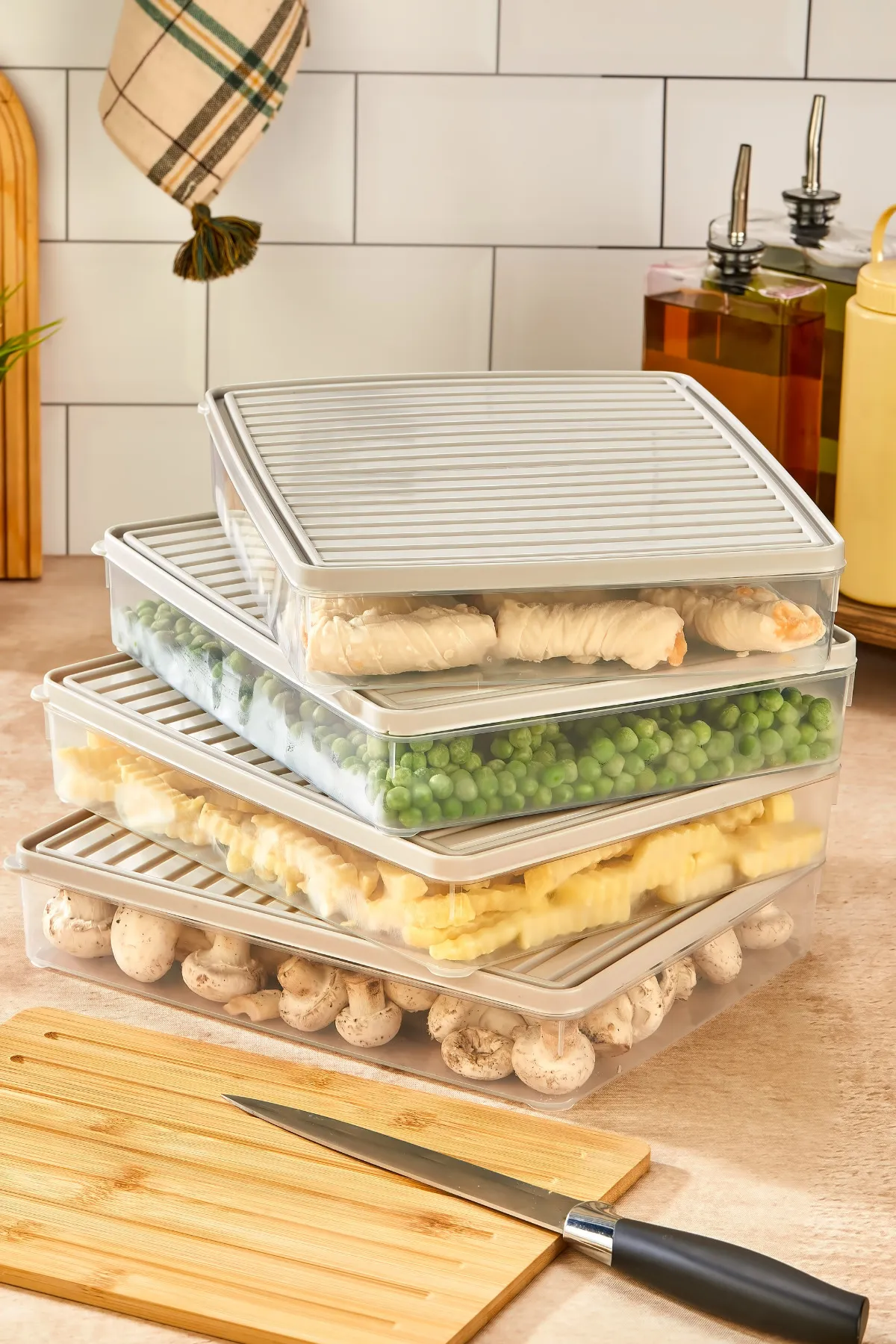 Buzdolabı Ve Mikrodalga Saklama Kabı - Bej Buzdolabı Organizeri 4x2800ml