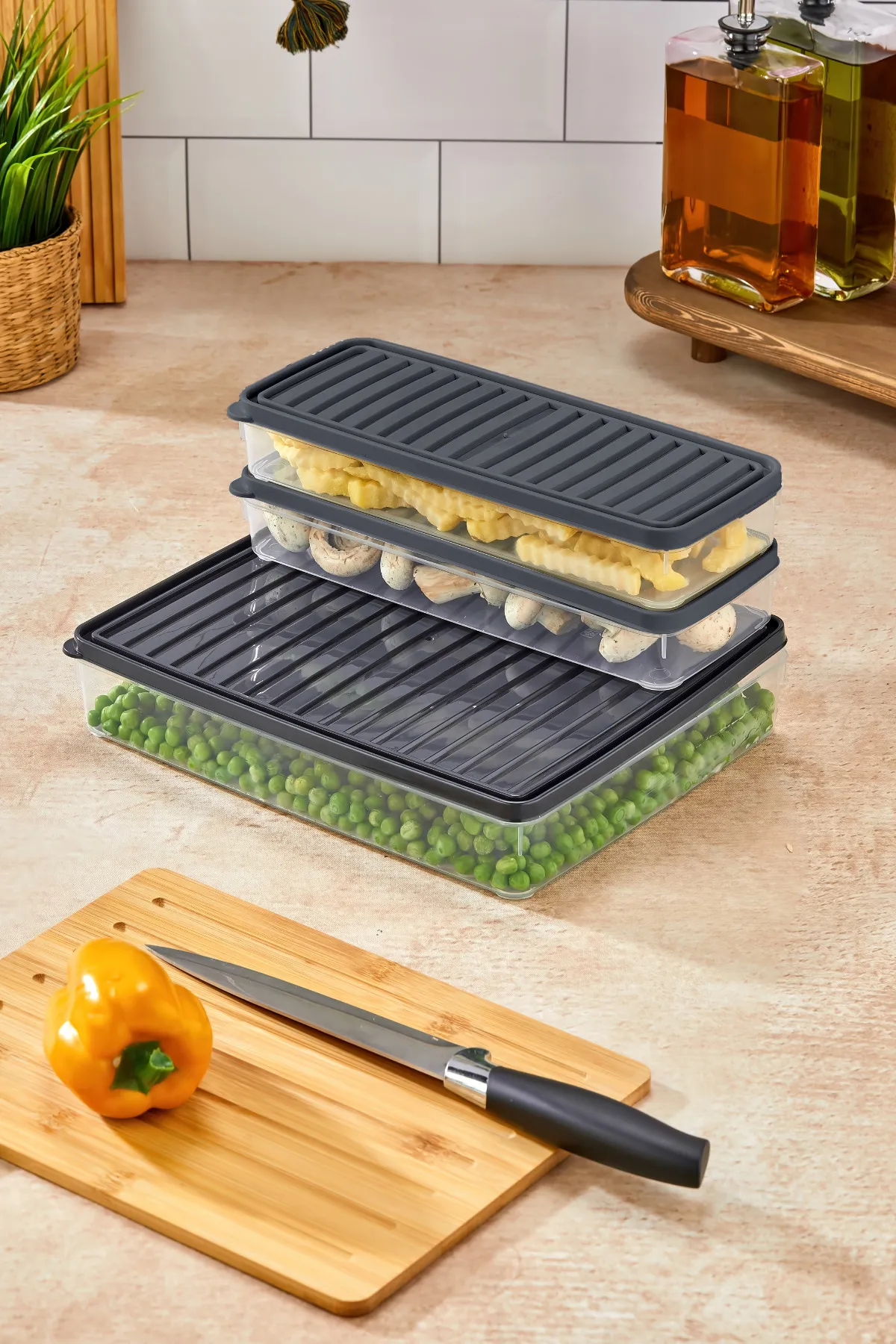 Buzdolabı Ve Mikrodalga Saklama Kabı/organizeri Gri 3 Adet (1X 2800ML- 2X 1000ML)