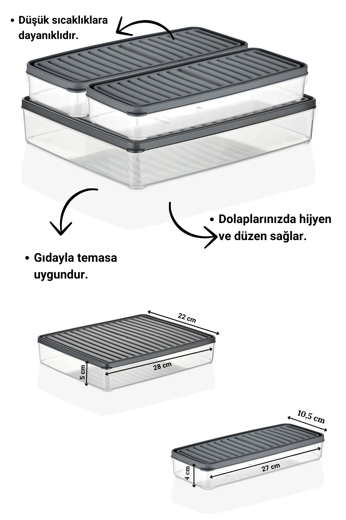 Buzdolabı Ve Mikrodalga Saklama Kabı/organizeri Gri 3 Adet (1X 2800ML- 2X 1000ML)