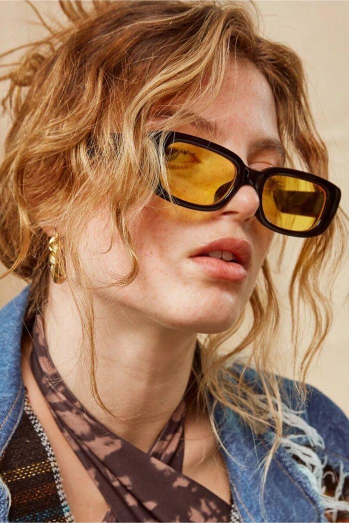 Chunky Frame Vintage Sarı Siyah Güneş Gözlüğü