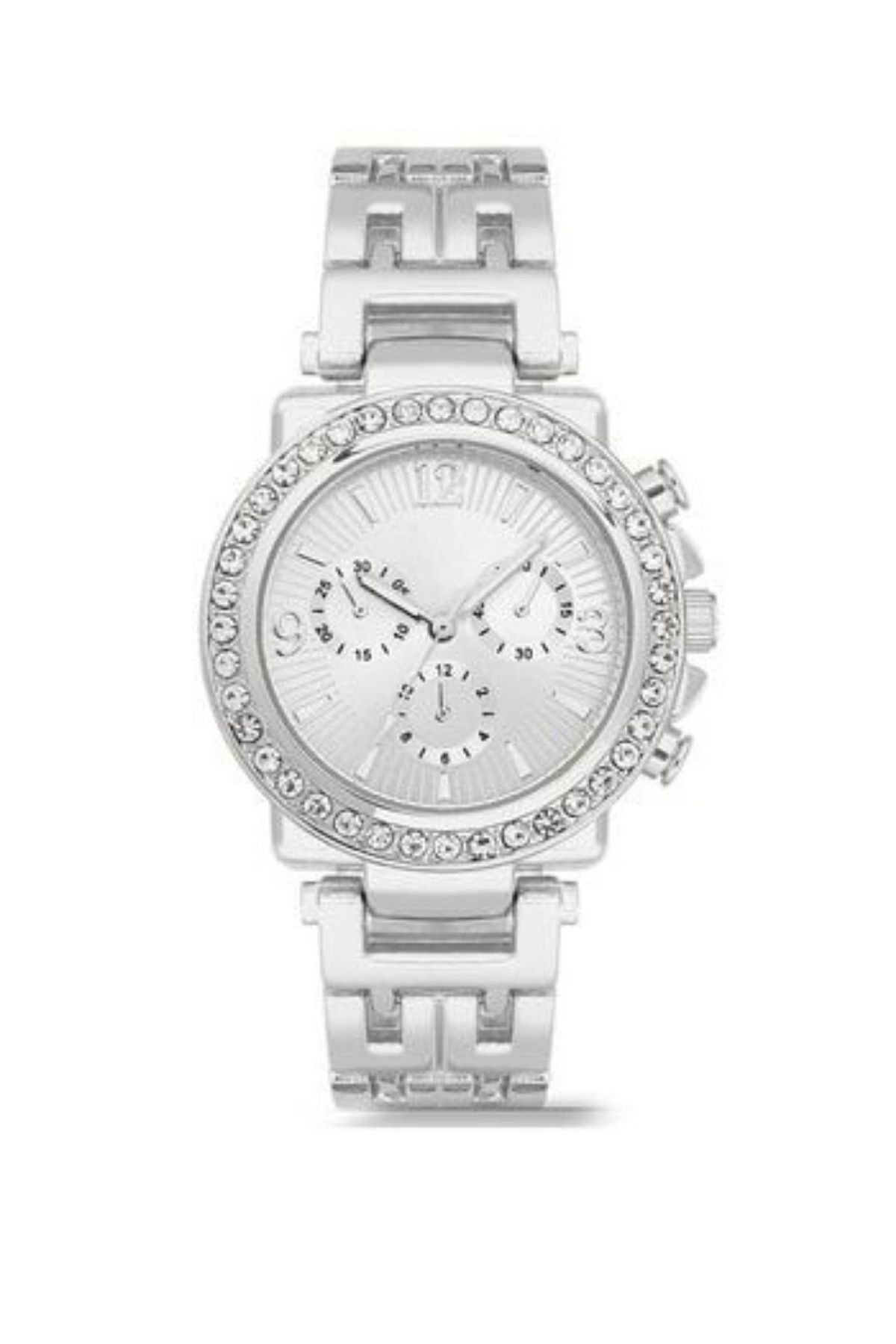 Dekoratif Kadran Taşlı Tasarım Metal Kordon Gümüş Kadın Kol Saati