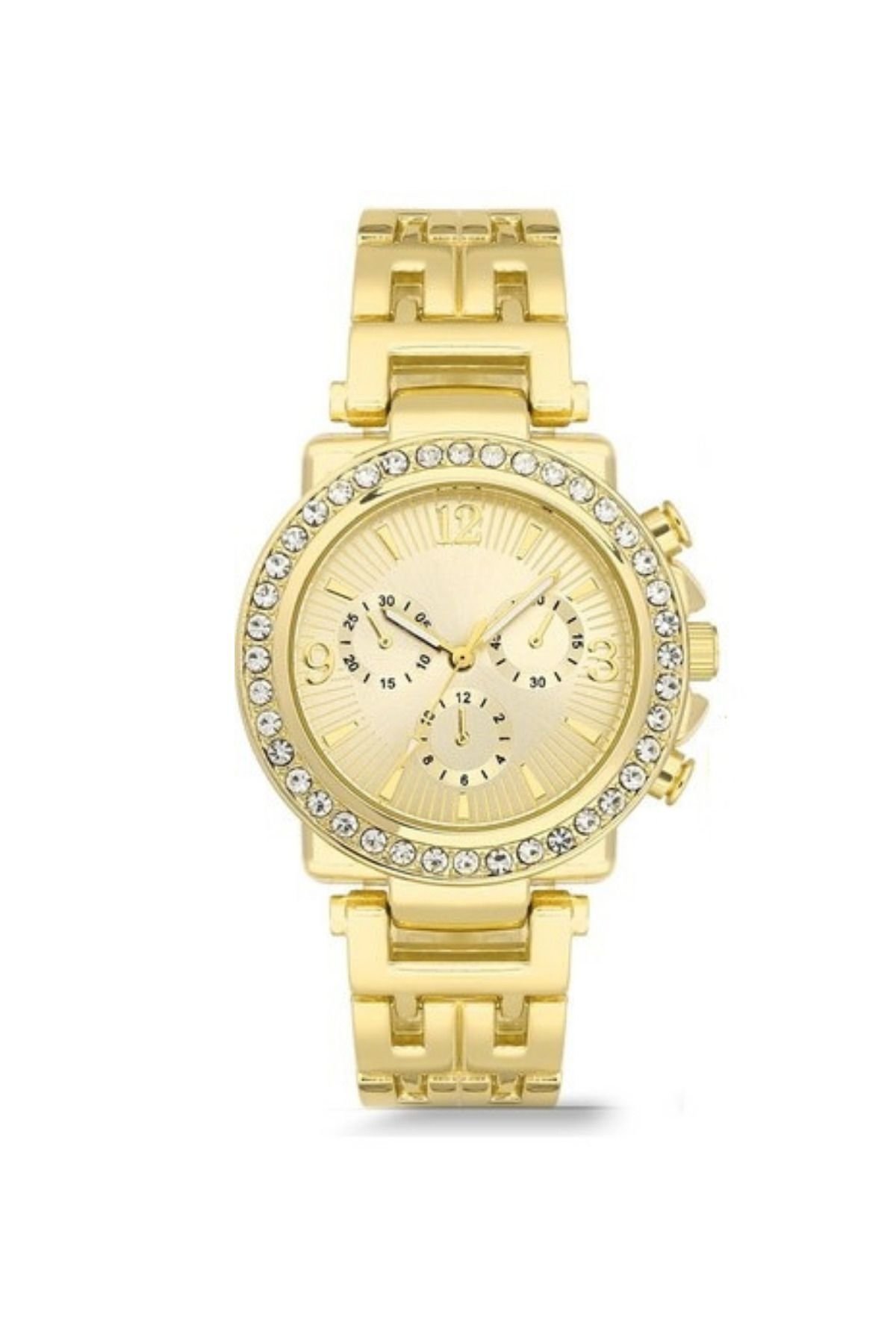 Dekoratif Kadran Taşlı Tasarım Metal Kordon Gold Kadın Kol Saati