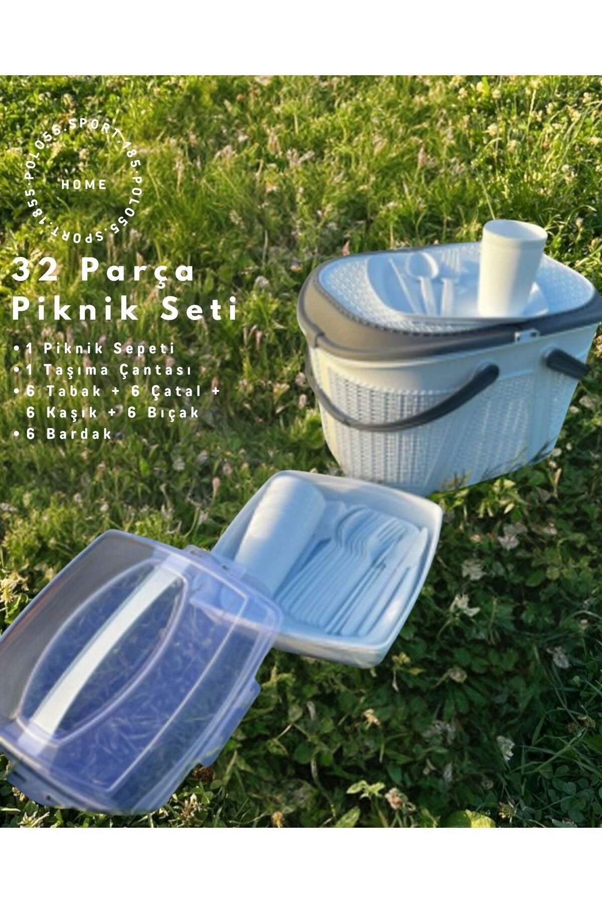 Home 32 Parça Piknik Seti Sepet Çantalı Bardak, Çatal, Kaşık,bıçak,tabak Seti 32 Piece Picnic Set