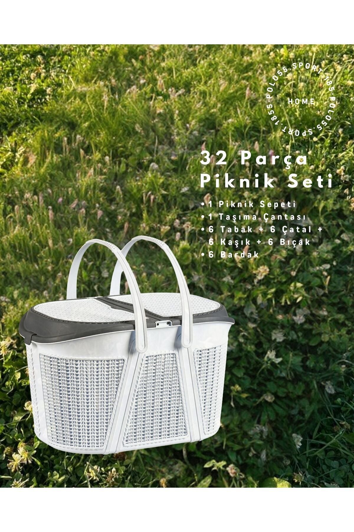 Home 32 Parça Piknik Seti Sepet Çantalı Bardak, Çatal, Kaşık,bıçak,tabak Seti 32 Piece Picnic Set