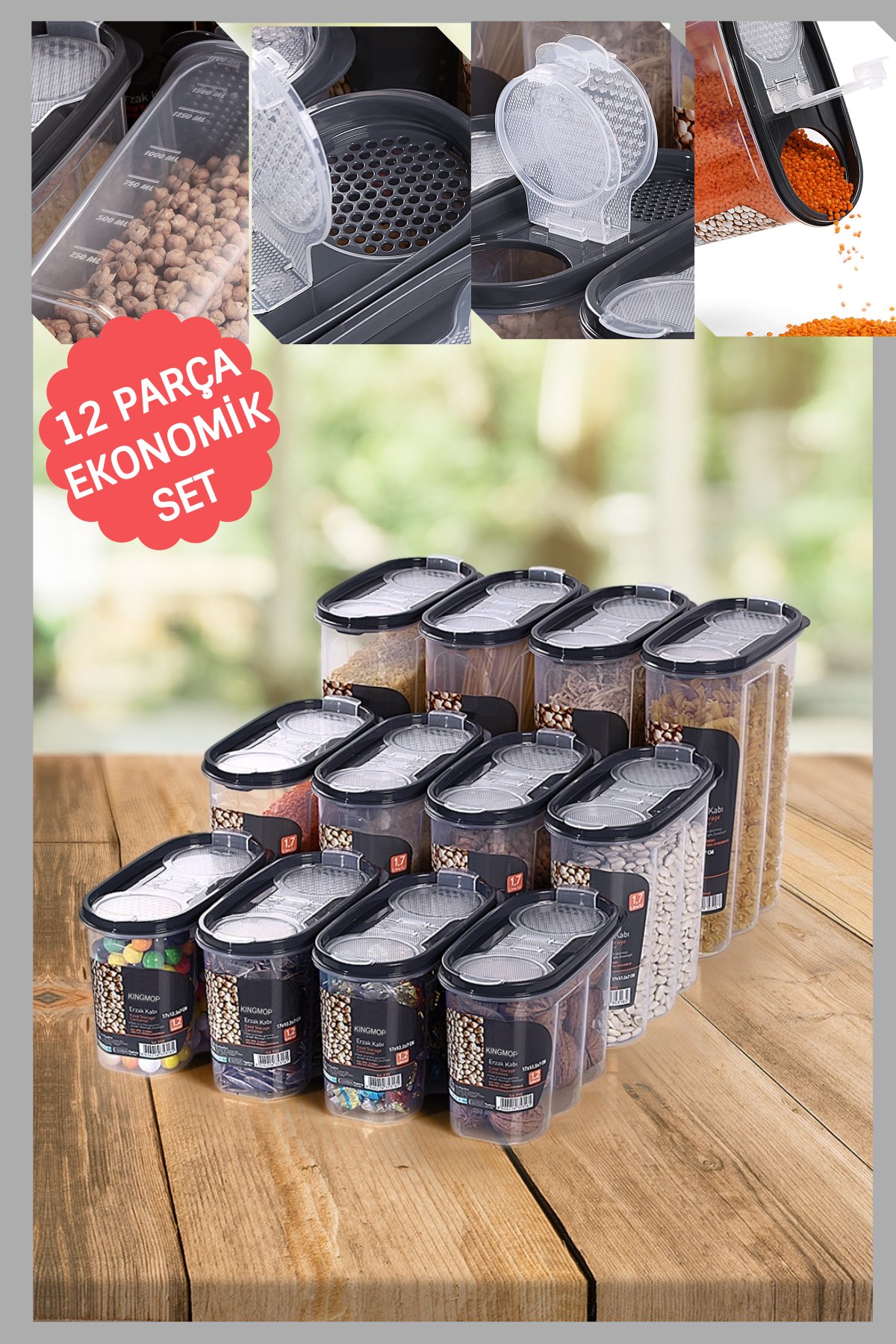 King Mop 12'li Sızdırmaz Kapaklı Erzak Saklama Kabı Seti 4 x ( 1200 Ml, 1700 Ml, 2400 Ml ) KMMSK-01