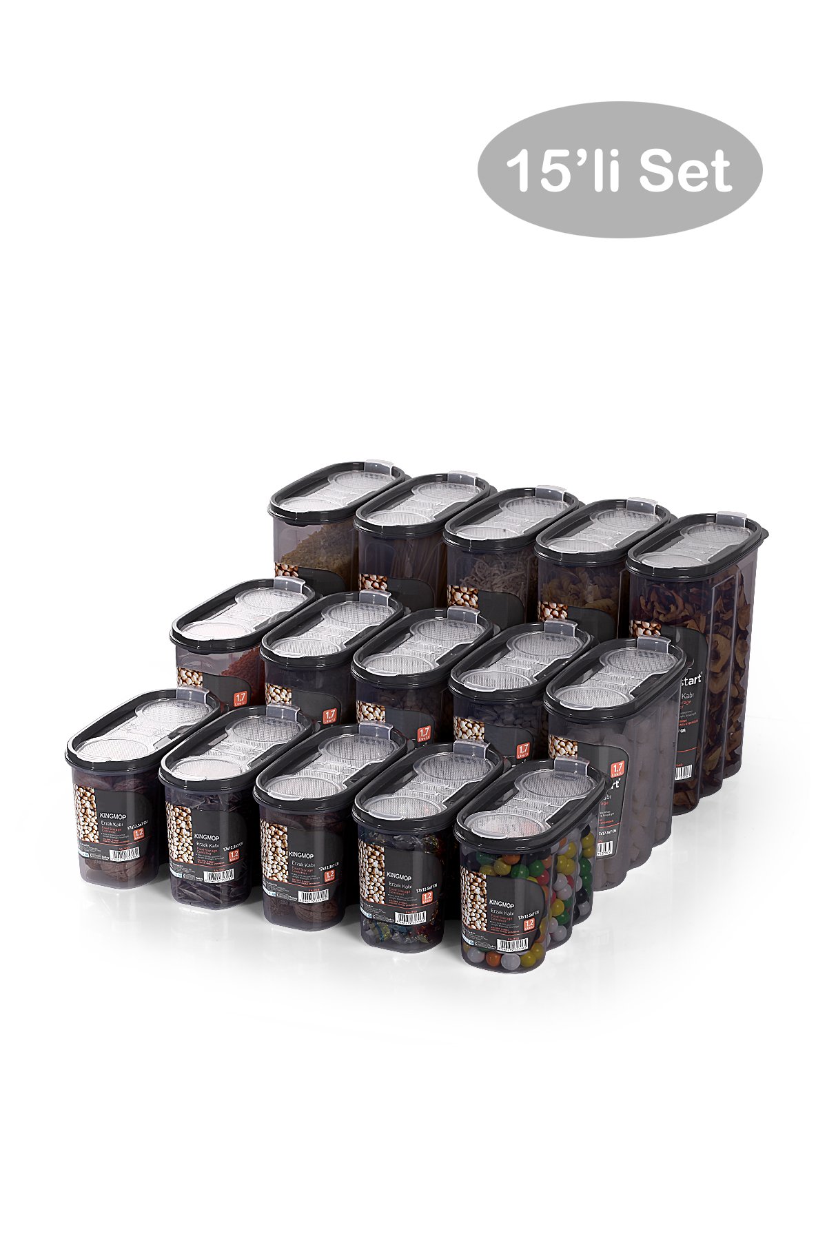 King Mop 15'li Sızdırmaz Kapaklı Erzak Saklama Kabı Seti 5 x (1200 Ml, 1700 Ml, 2400 Ml) FÜKMMSK-01