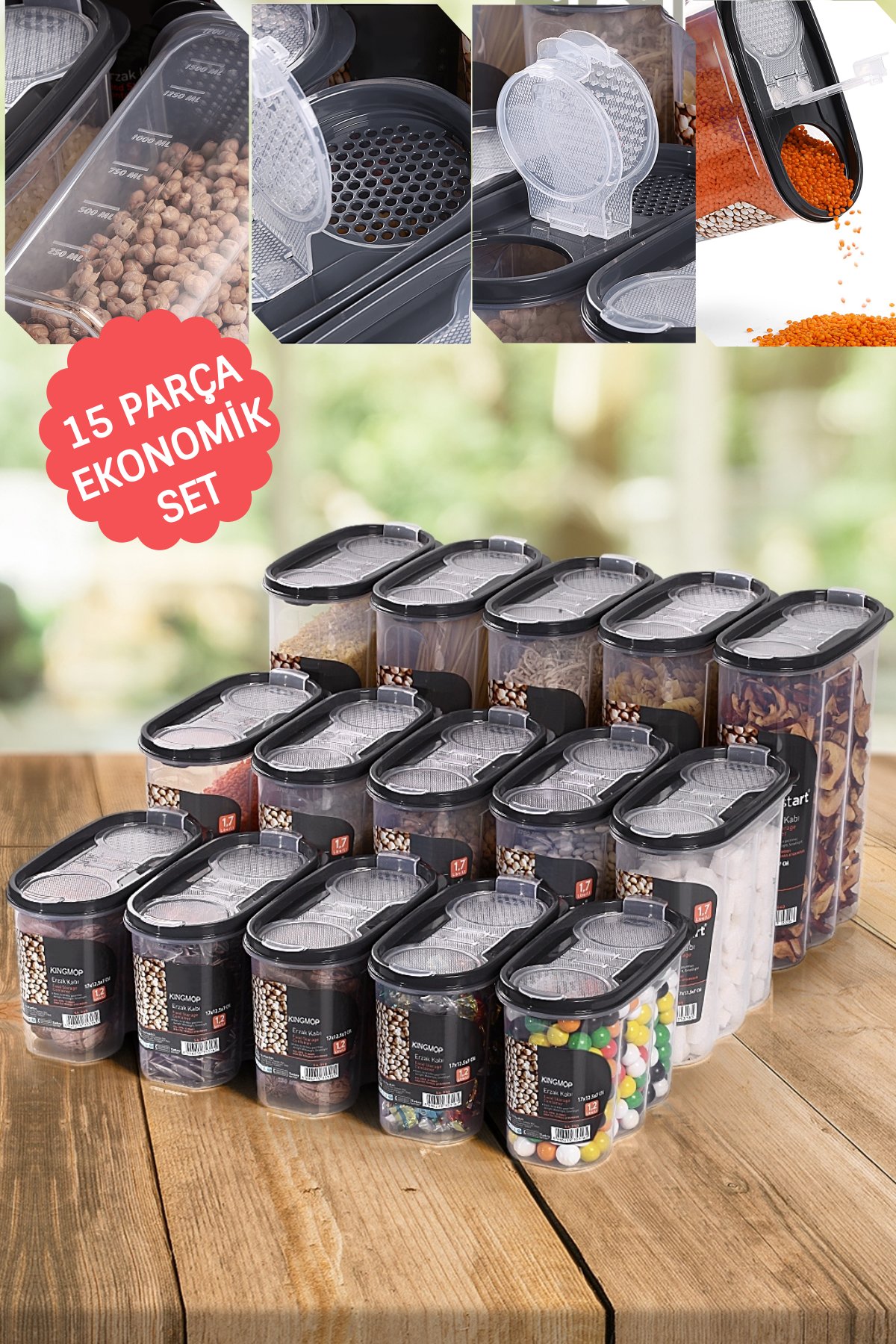 King Mop 15'li Sızdırmaz Kapaklı Erzak Saklama Kabı Seti 5 x ( 1200 Ml, 1700 Ml, 2400 Ml ) KMMSK-01