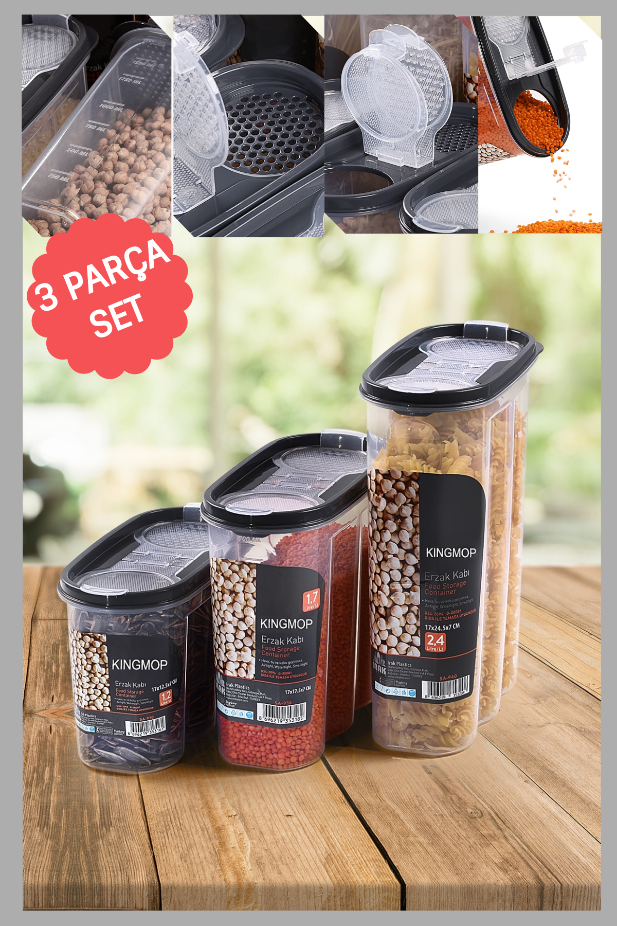 King Mop 3'lü Sızdırmaz Kapaklı Erzak Saklama Kabı Seti 1 x ( 1200 Ml, 1700 Ml, 2400 Ml ) KMMSK-01