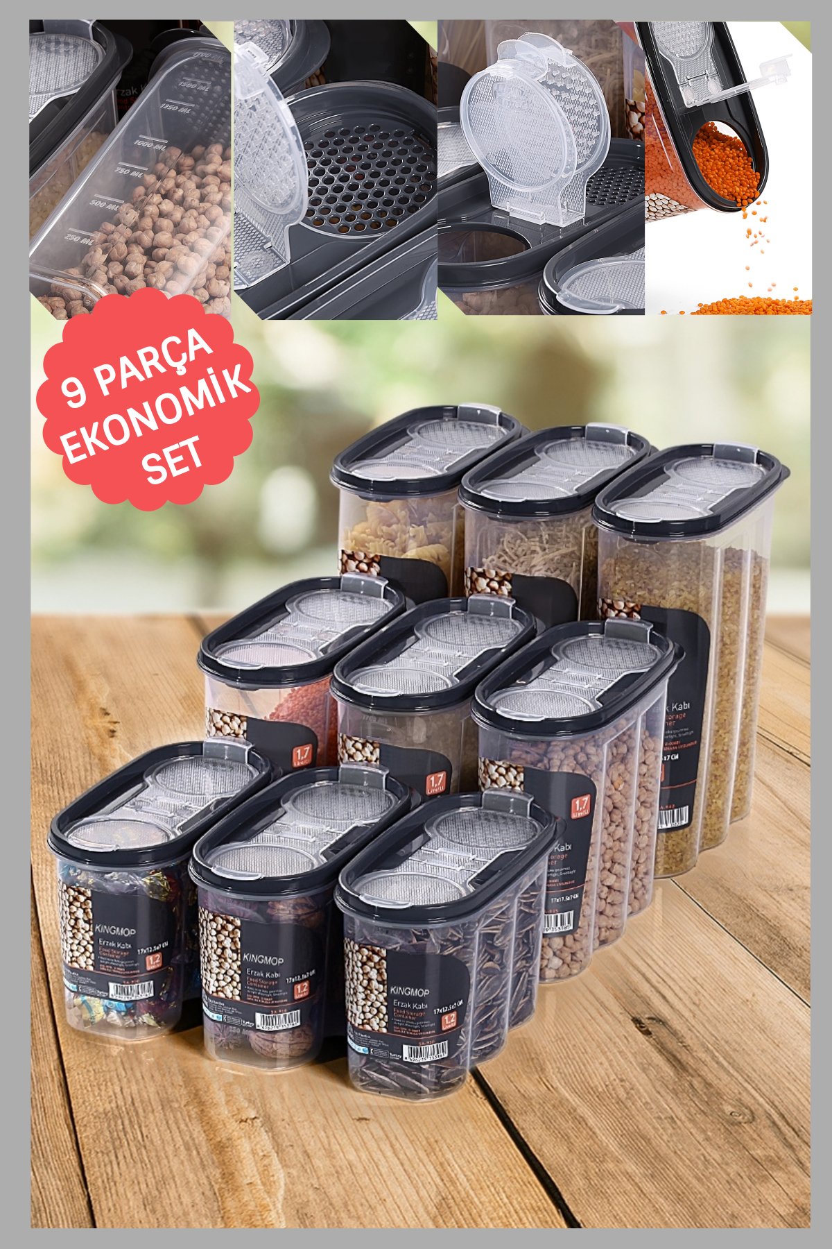 King Mop 9'lu Sızdırmaz Kapaklı Erzak Saklama Kabı Seti 3 x ( 1200 Ml, 1700 Ml, 2400 Ml ) KMMSK-01