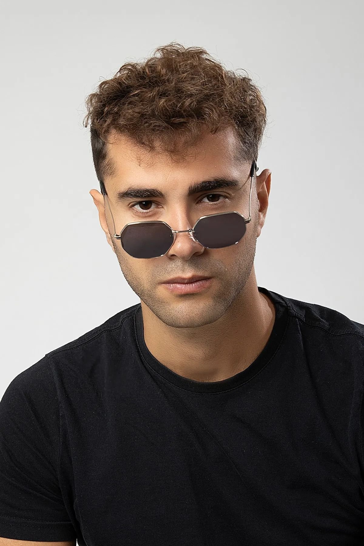 Octagon Gümüş-Siyah Sekizgen Erkek Güneş Gözlüğü