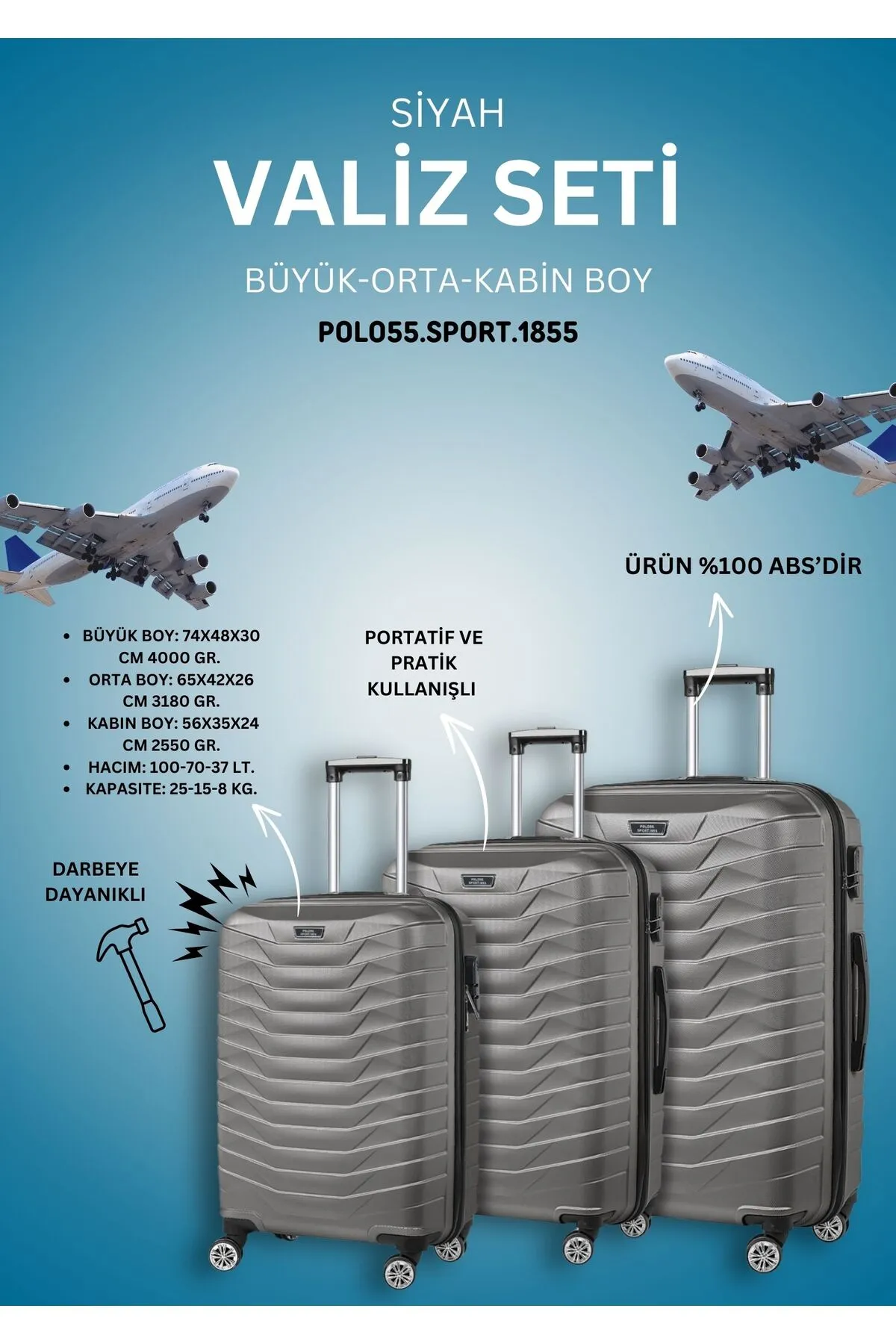 POLO55  %100 ABS 3'lü Valiz Seti Koyu Gri
