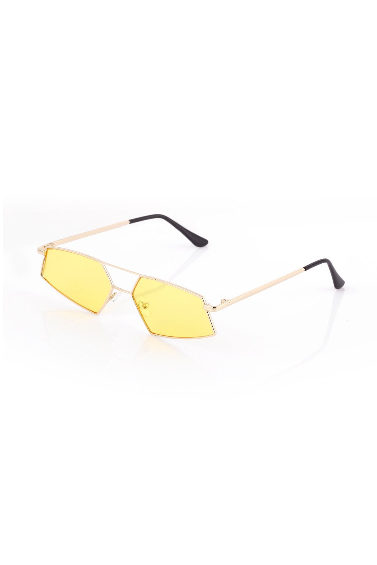 POLO55 Gold Metal Çerçeveli Sarı Camlı Beşgen Retro Kadın Güneş Gözlüğü