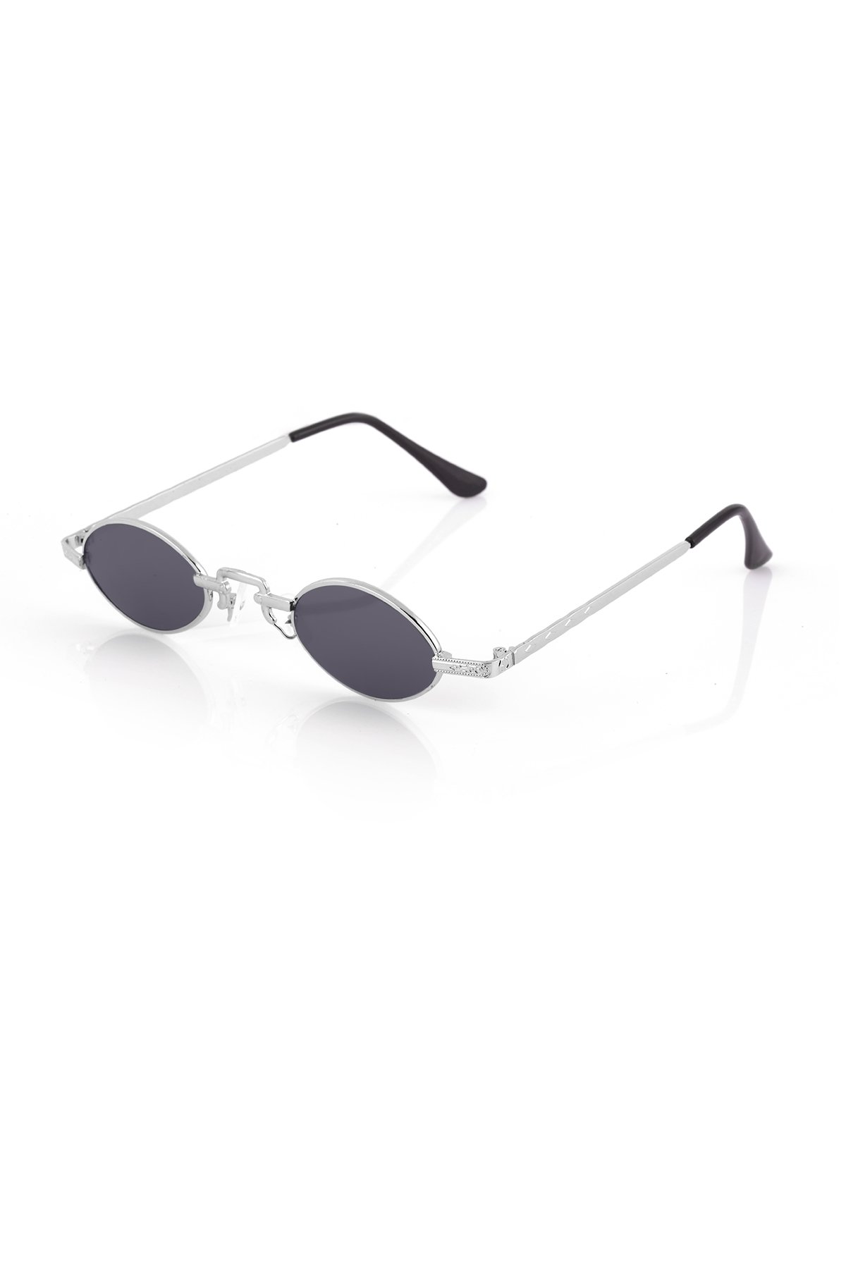 POLO55 Siyah Gümüş Metal Çerçeveli Küçük Oval Retro Güneş Gözlüğü