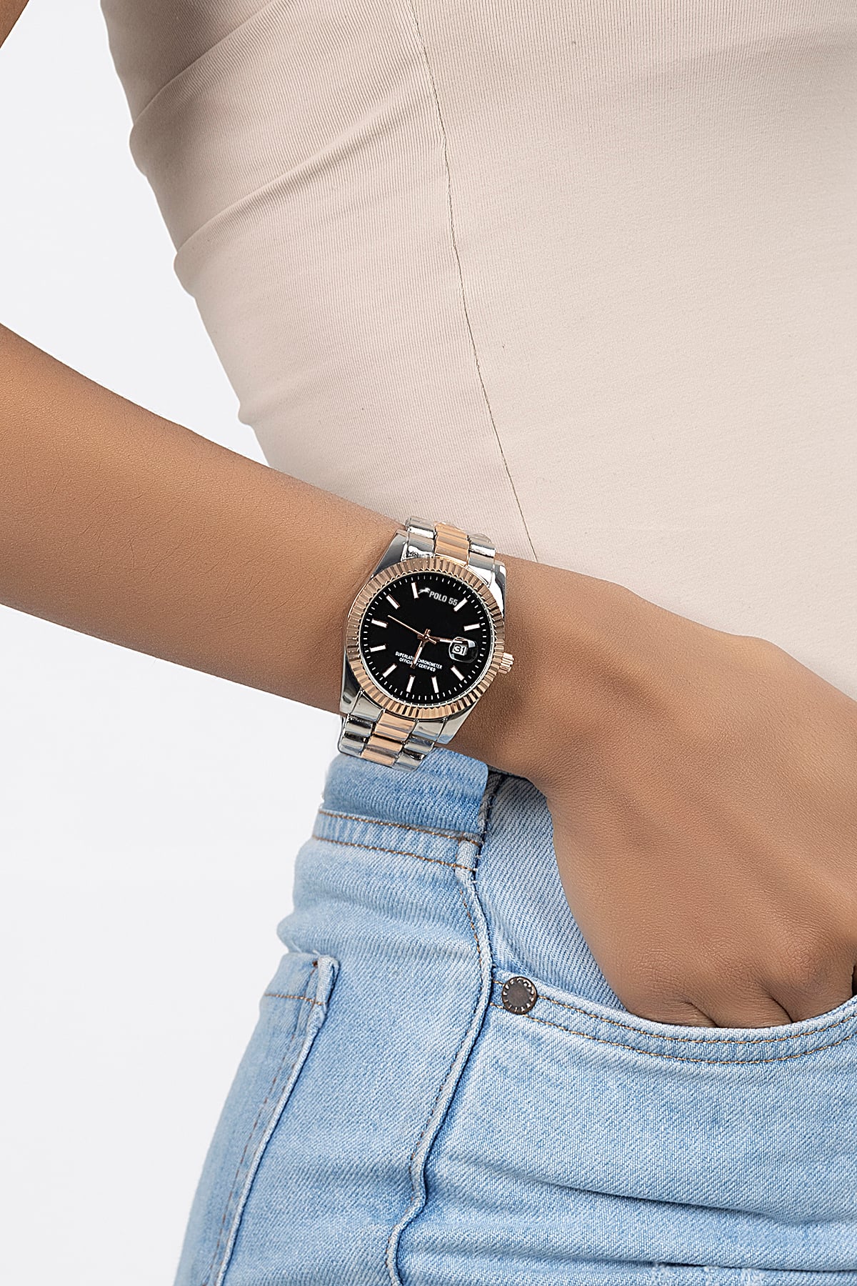 POLO55 Takvim Göstergeli Unisex Metal Kordon Kol Saati PLUM001R002