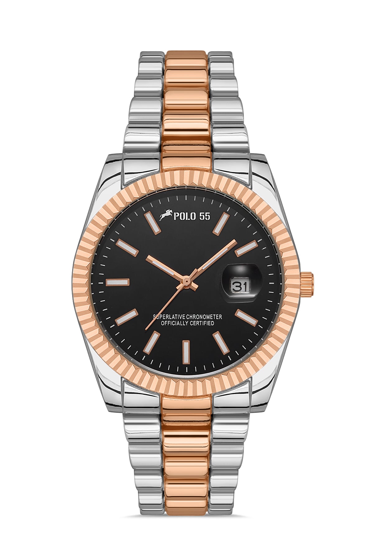 POLO55 Takvim Göstergeli Unisex Metal Kordon Kol Saati PLUM001R002