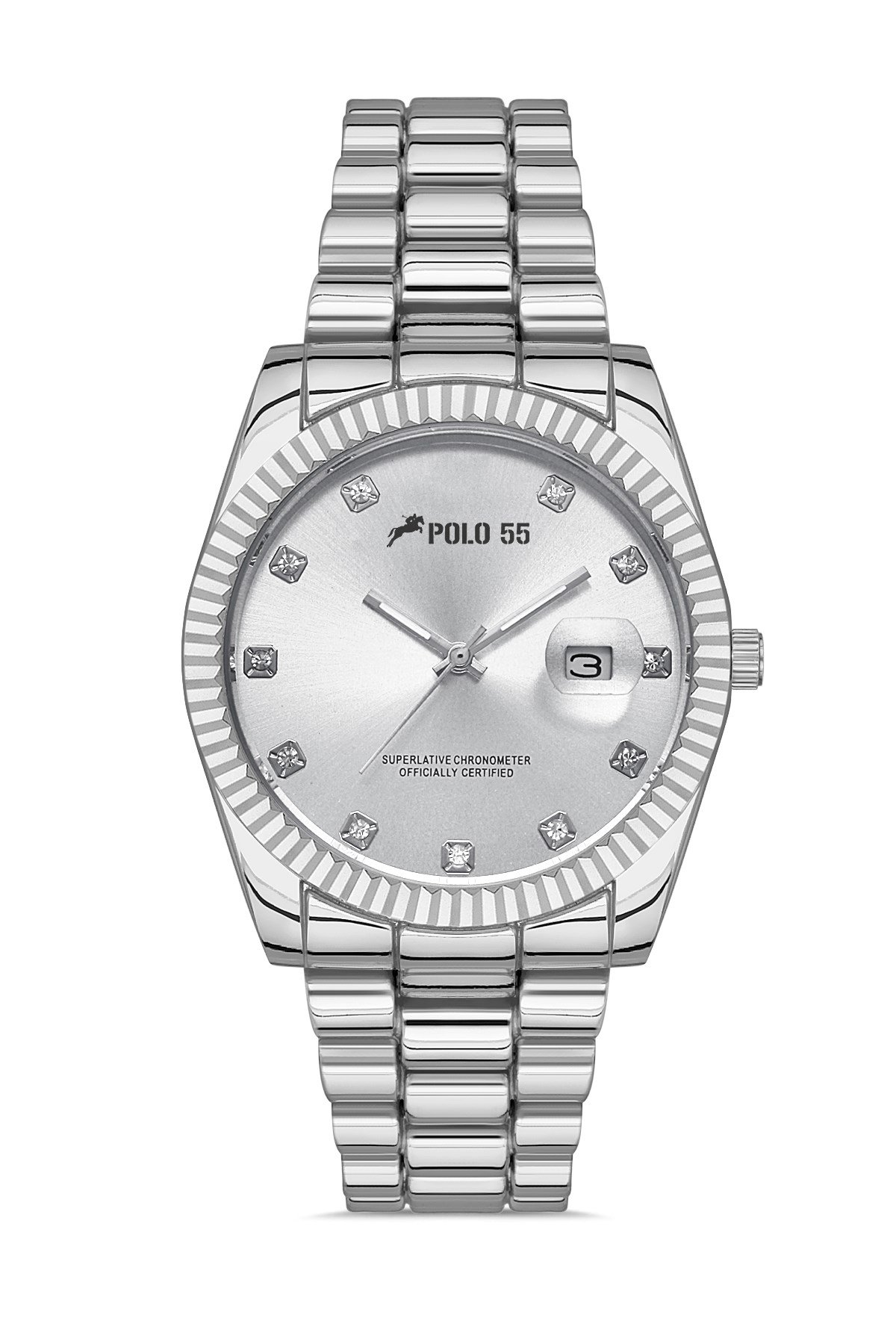 POLO55 Zirkon Taşlı Takvim Göstergeli Unisex Metal Kordon Kol Saati PLUM003R004