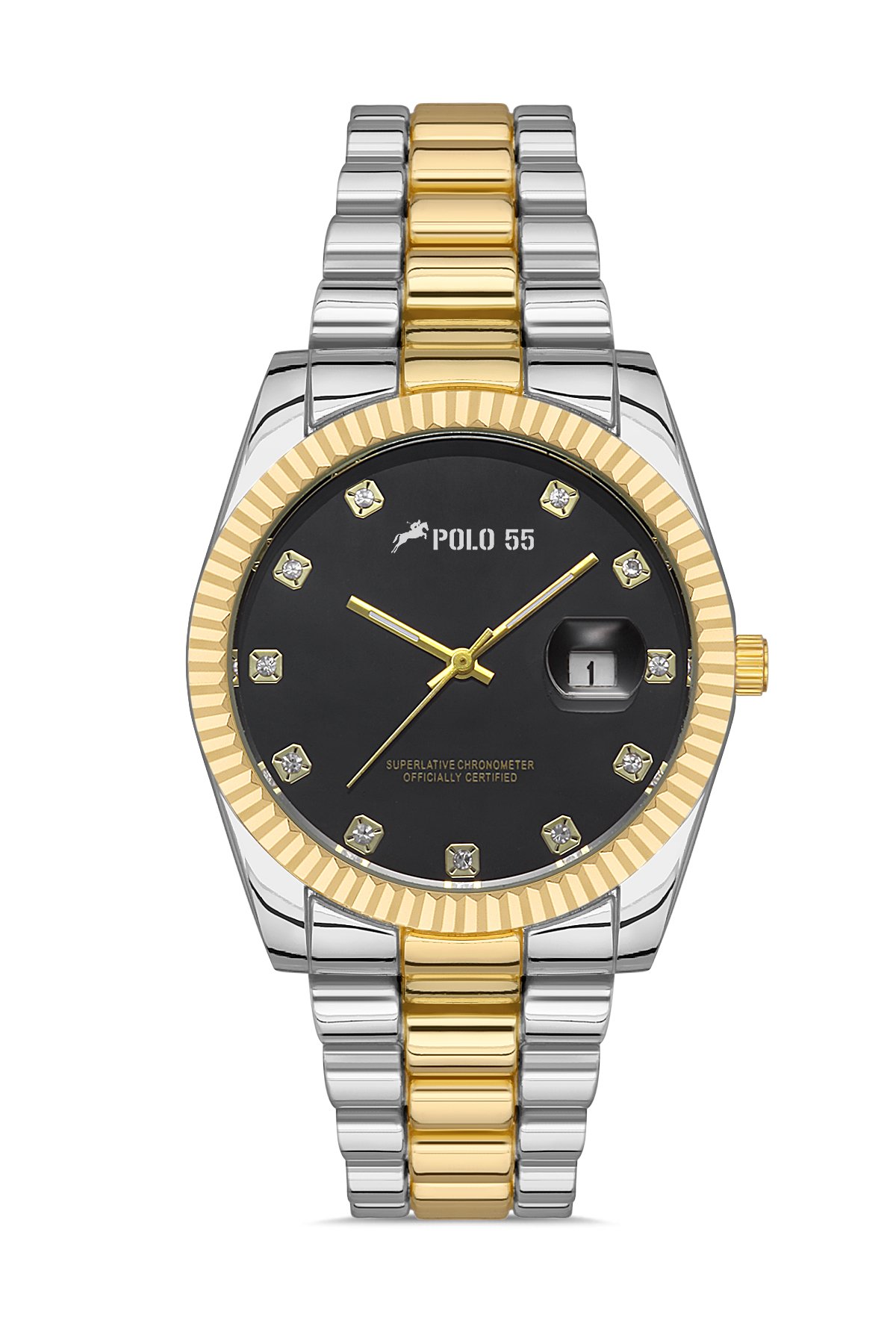 POLO55 Zirkon Taşlı Takvim Göstergeli Unisex Metal Kordon Kol Saati PLUM003R006