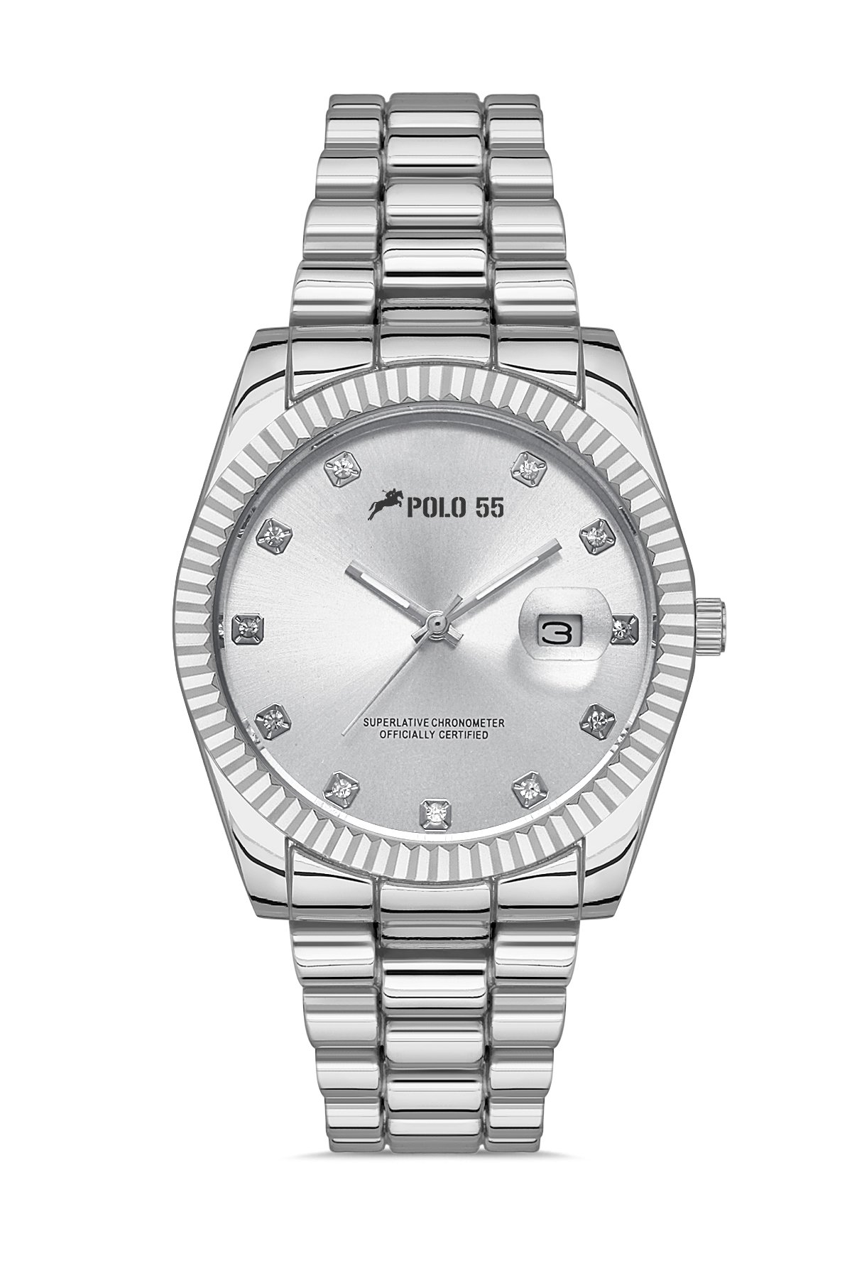 POLO55 Zirkon Taşlı Takvim Göstergeli Unisex Metal Kordon Kol Saati PLUM003R004