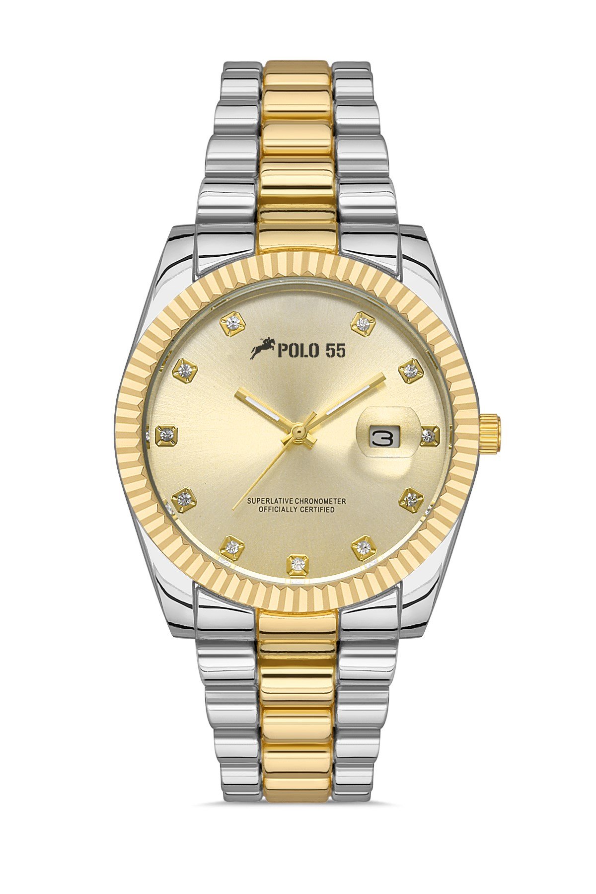 POLO55 Zirkon Taşlı Takvim Göstergeli Unisex Metal Kordon Kol Saati PLUM003R011