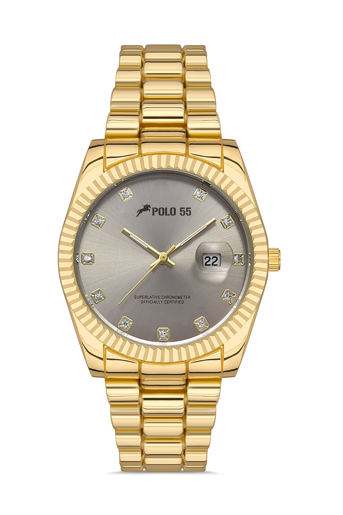 POLO55 Zirkon Taşlı Takvim Göstergeli Unisex Metal Kordon Kol Saati PLUM003R002
