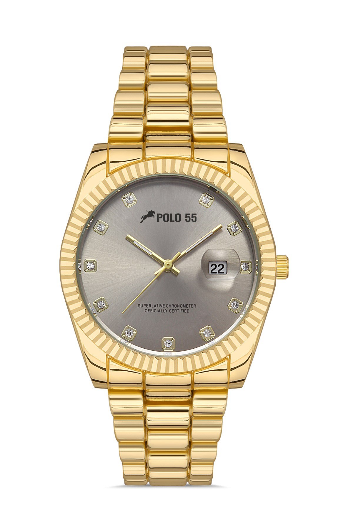 POLO55 Zirkon Taşlı Takvim Göstergeli Unisex Metal Kordon Kol Saati PLUM003R002