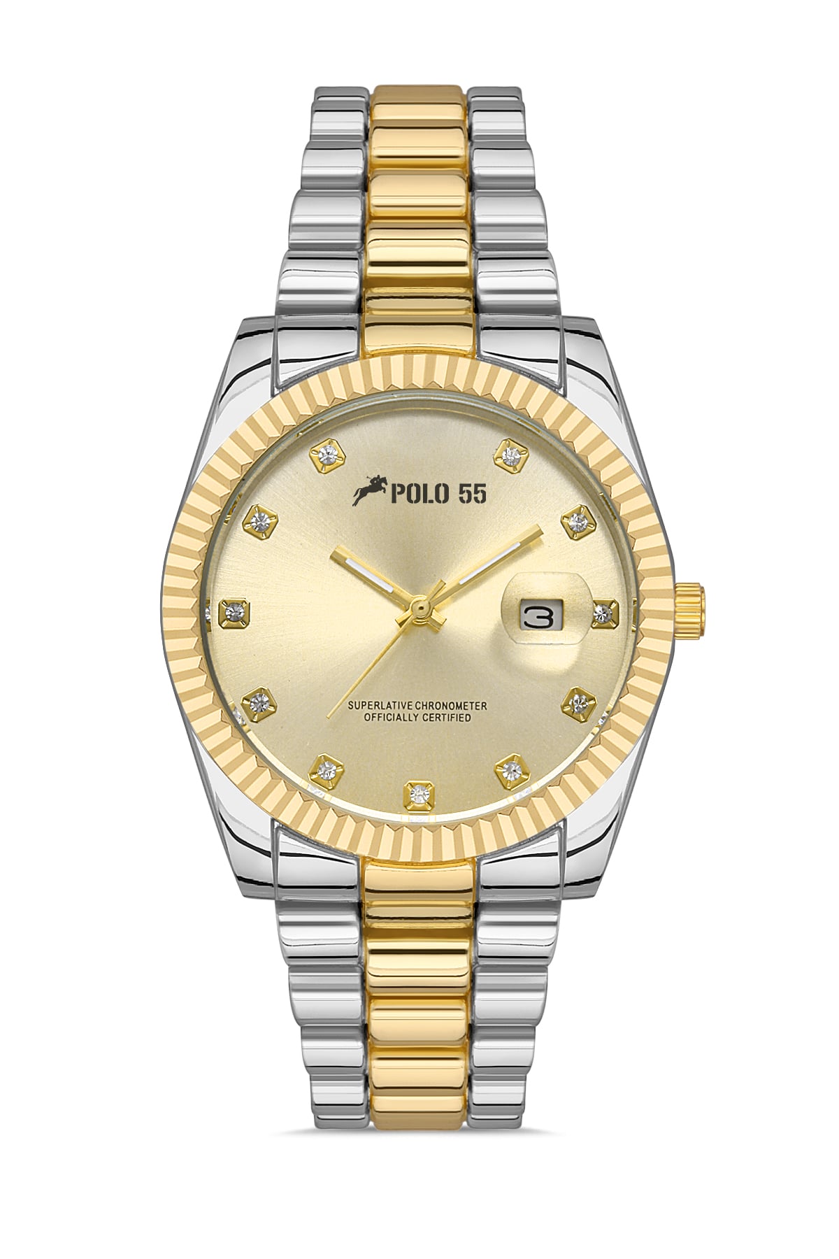 POLO55 Zirkon Taşlı Takvim Göstergeli Unisex Metal Kordon Kol Saati PLUM003R011