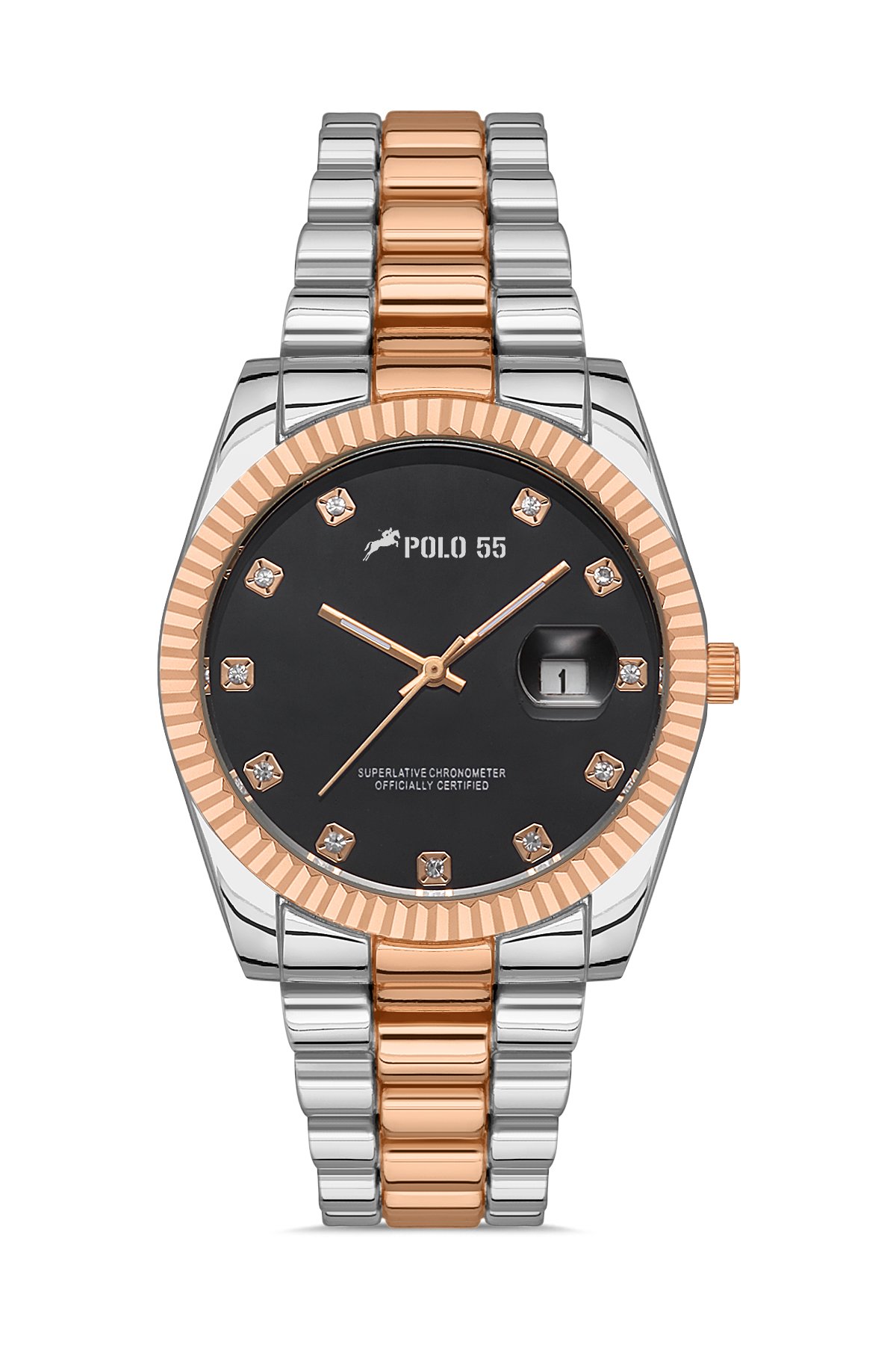 POLO55 Zirkon Taşlı Takvim Göstergeli Unisex Metal Kordon Kol Saati PLUM003R010