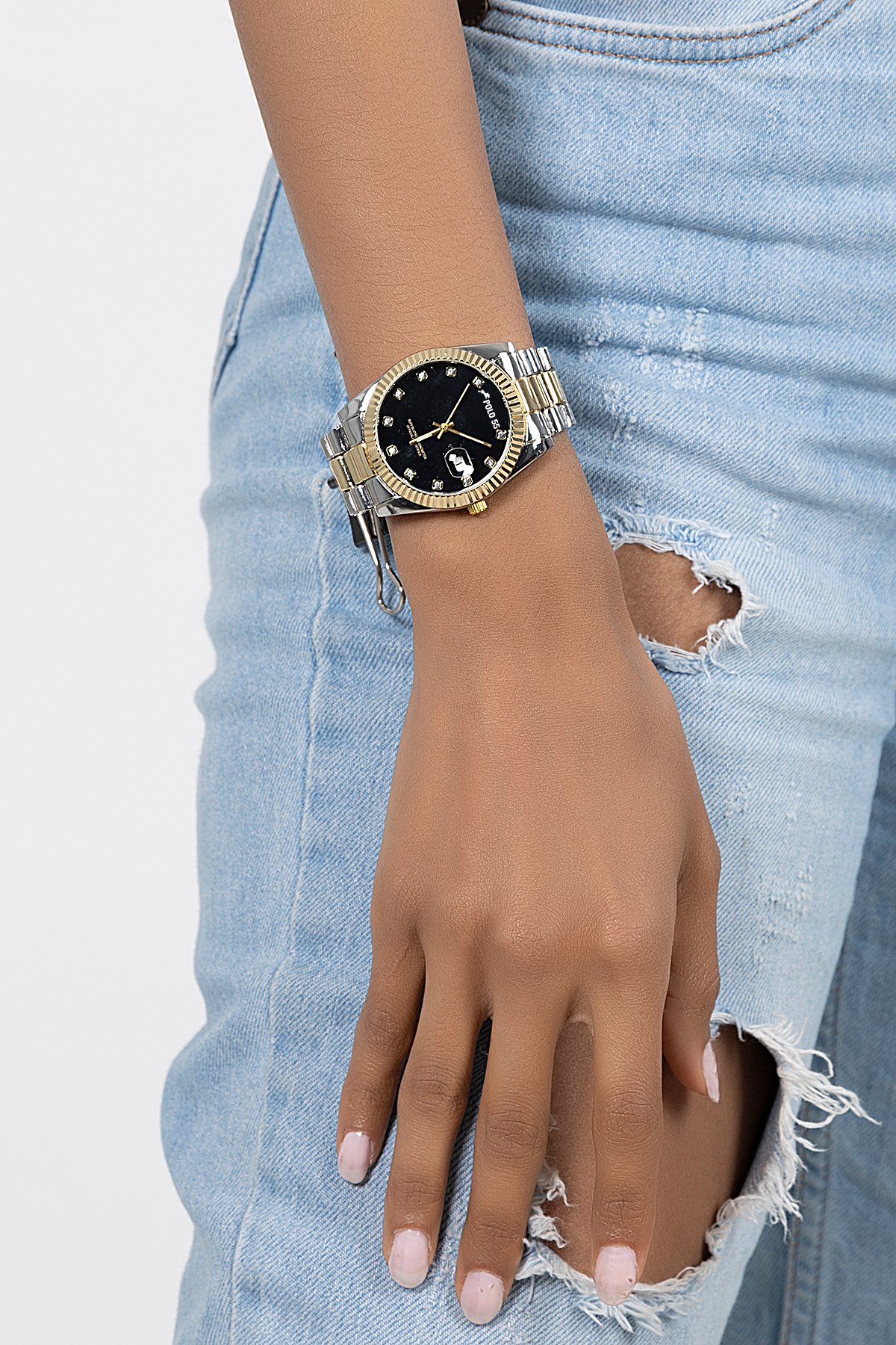 POLO55 Zirkon Taşlı Takvim Göstergeli Unisex Metal Kordon Kol Saati PLUM003R006