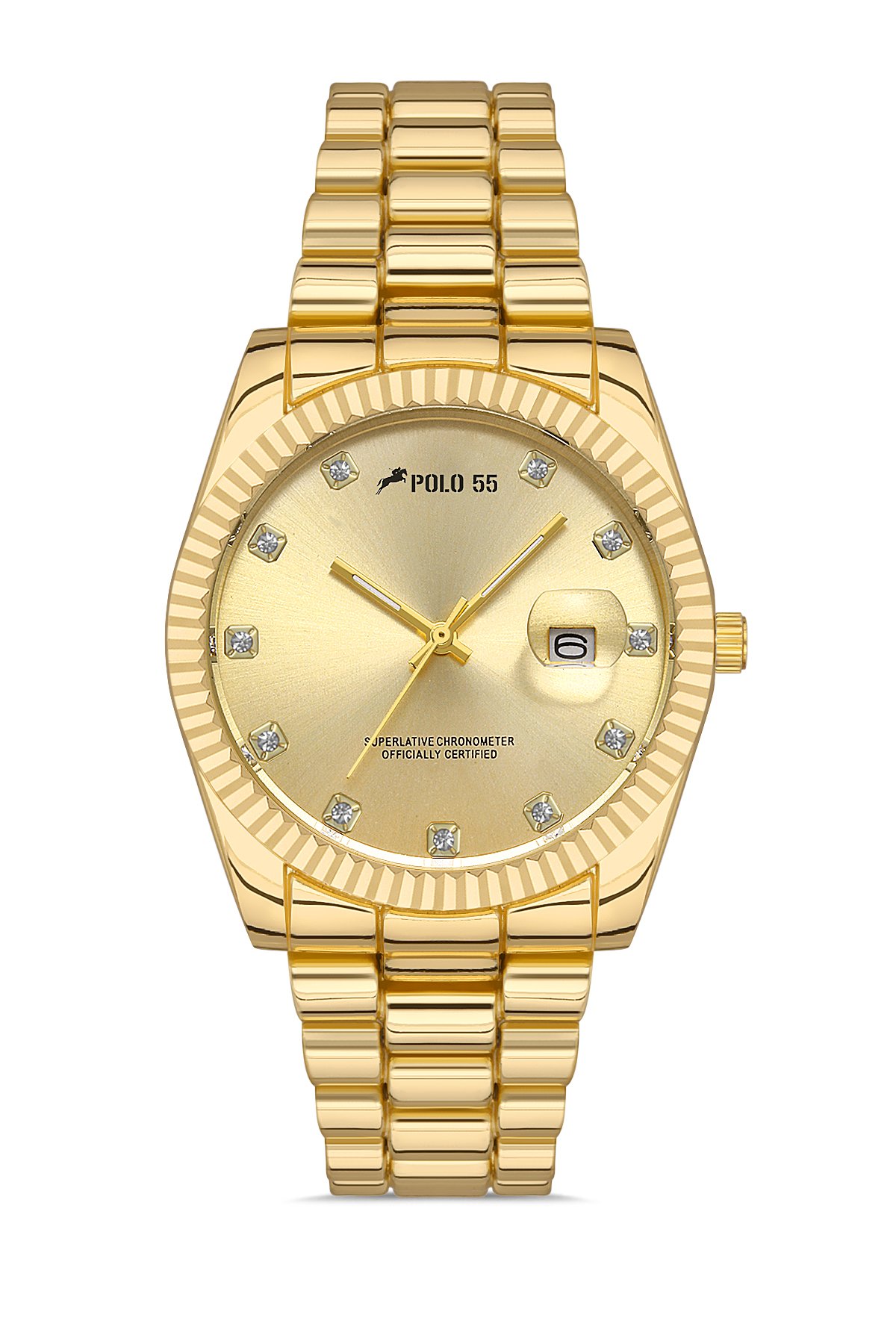 POLO55 Zirkon Taşlı Takvim Göstergeli Unisex Metal Kordon Kol Saati PLUM003R001