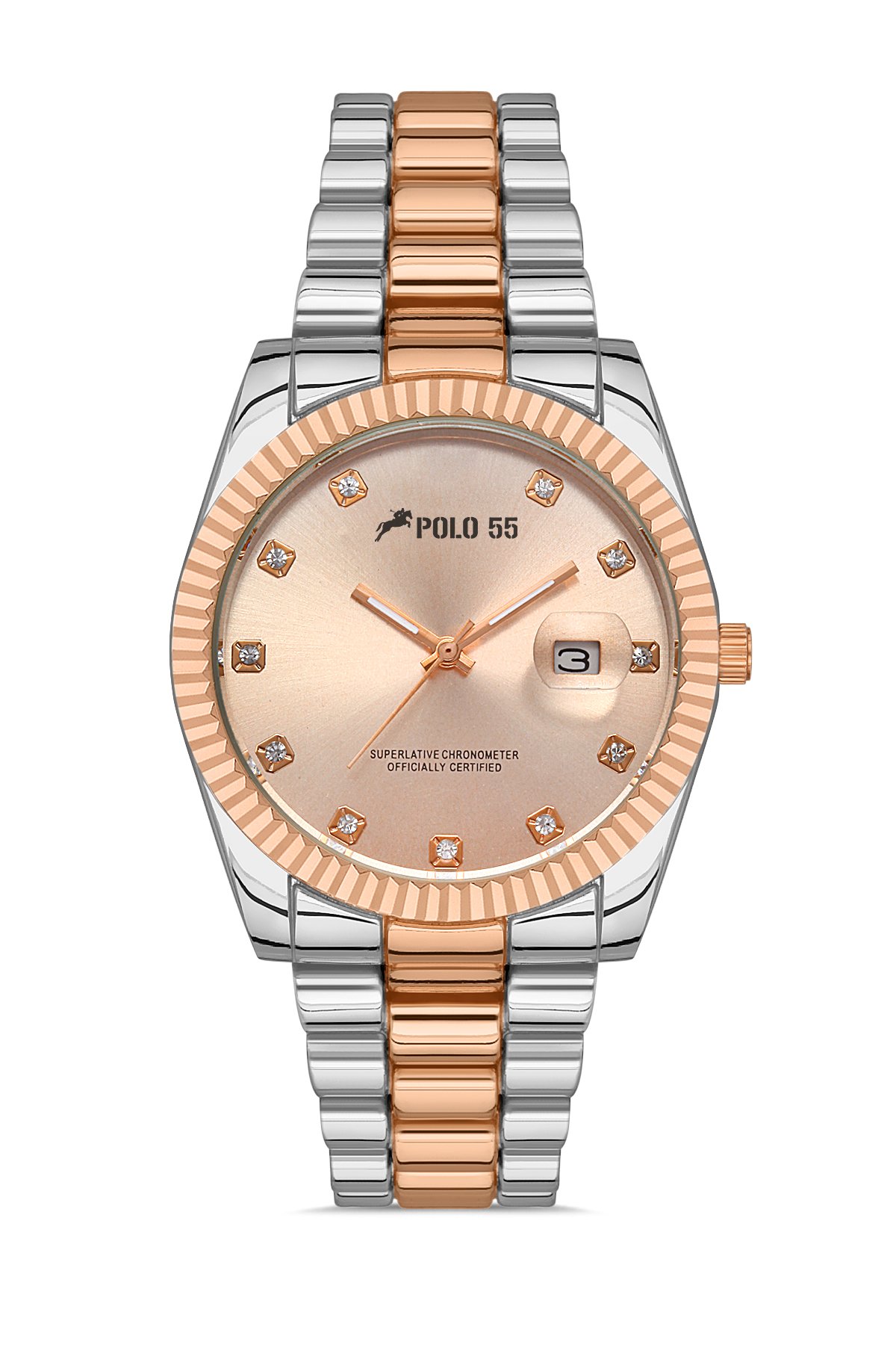 POLO55 Zirkon Taşlı Takvim Göstergeli Unisex Metal Kordon Kol Saati PLUM003R008