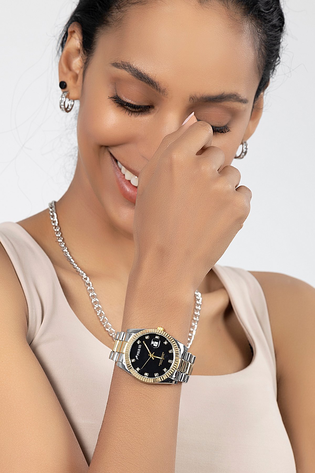 POLO55 Zirkon Taşlı Takvim Göstergeli Unisex Metal Kordon Kol Saati PLUM003R006