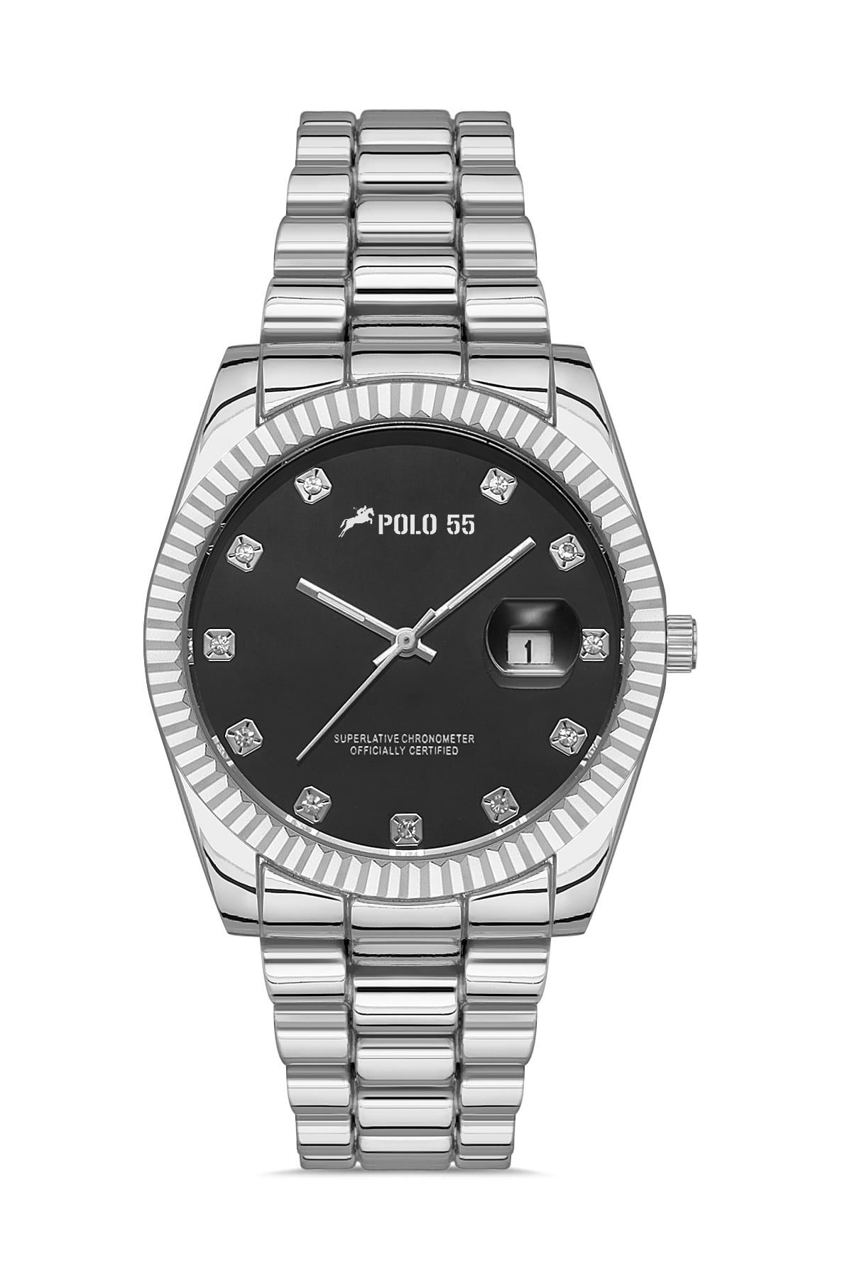 POLO55 Zirkon Taşlı Takvim Göstergeli Unisex Metal Kordon Kol Saati PLUM003R005